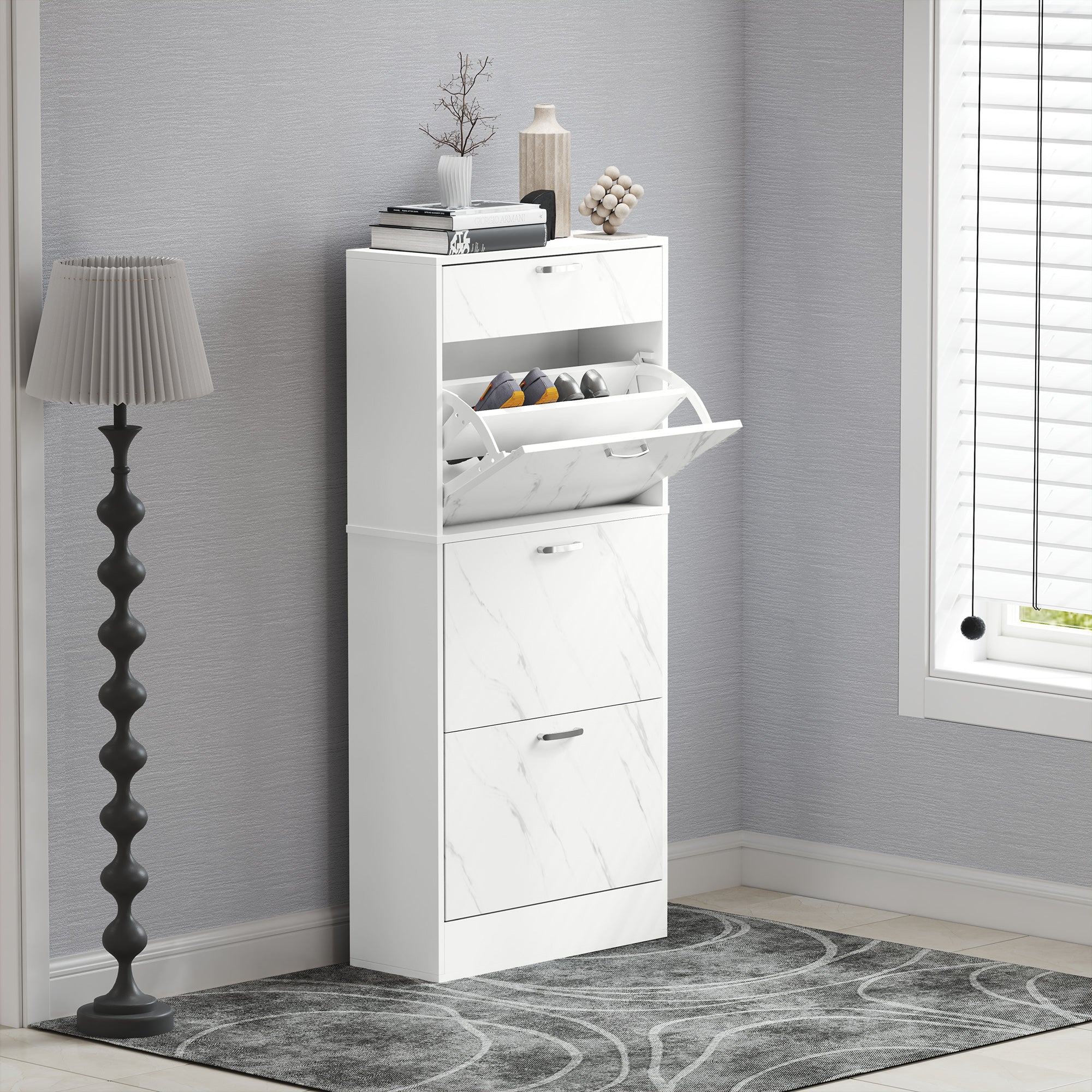 HOMCOM Marble Shoe Storage Cabinet with 3 Flip Drawers, Hallway Cabinet with Top Drawer and Adjustable Shelves, Shoe Cupboard for 18 Pairs, White - North Peak Garden Furniture