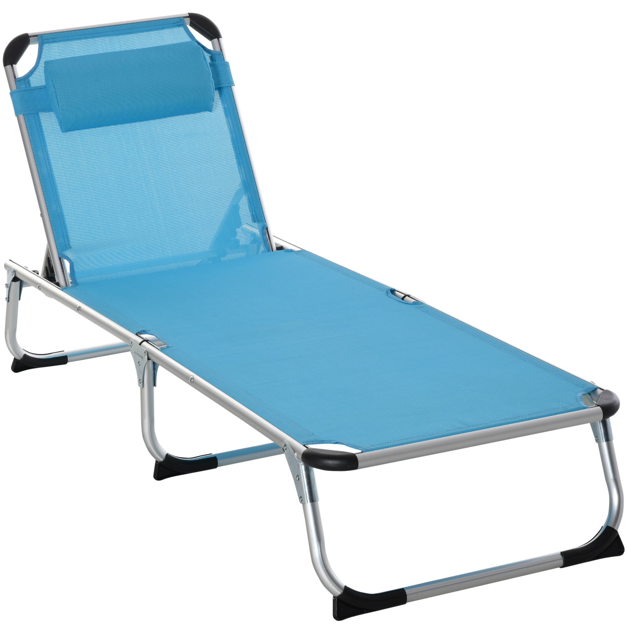 Outsunny Foldable Outdoor Sun Lounger, Reclining Lounge Chair Camping Bed Cot with Pillow 4-Level Adjustable Back Aluminium Frame, Blue - North Peak Garden Furniture