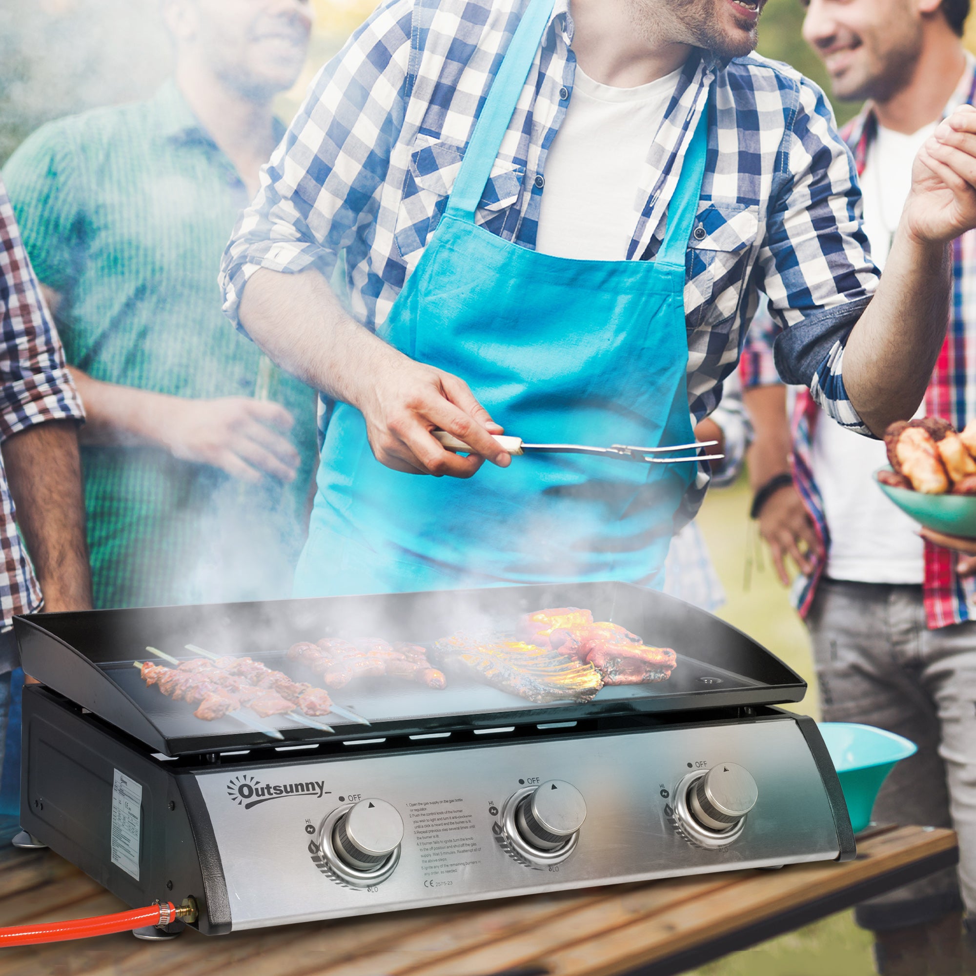 Outsunny Gas Plancha Grill with 3 Stainless Steel Burner, 9kW, Portable Tabletop Gas BBQ with Non-Stick Griddle for Camping Picnic Garden Party Festival - North Peak Garden Furniture