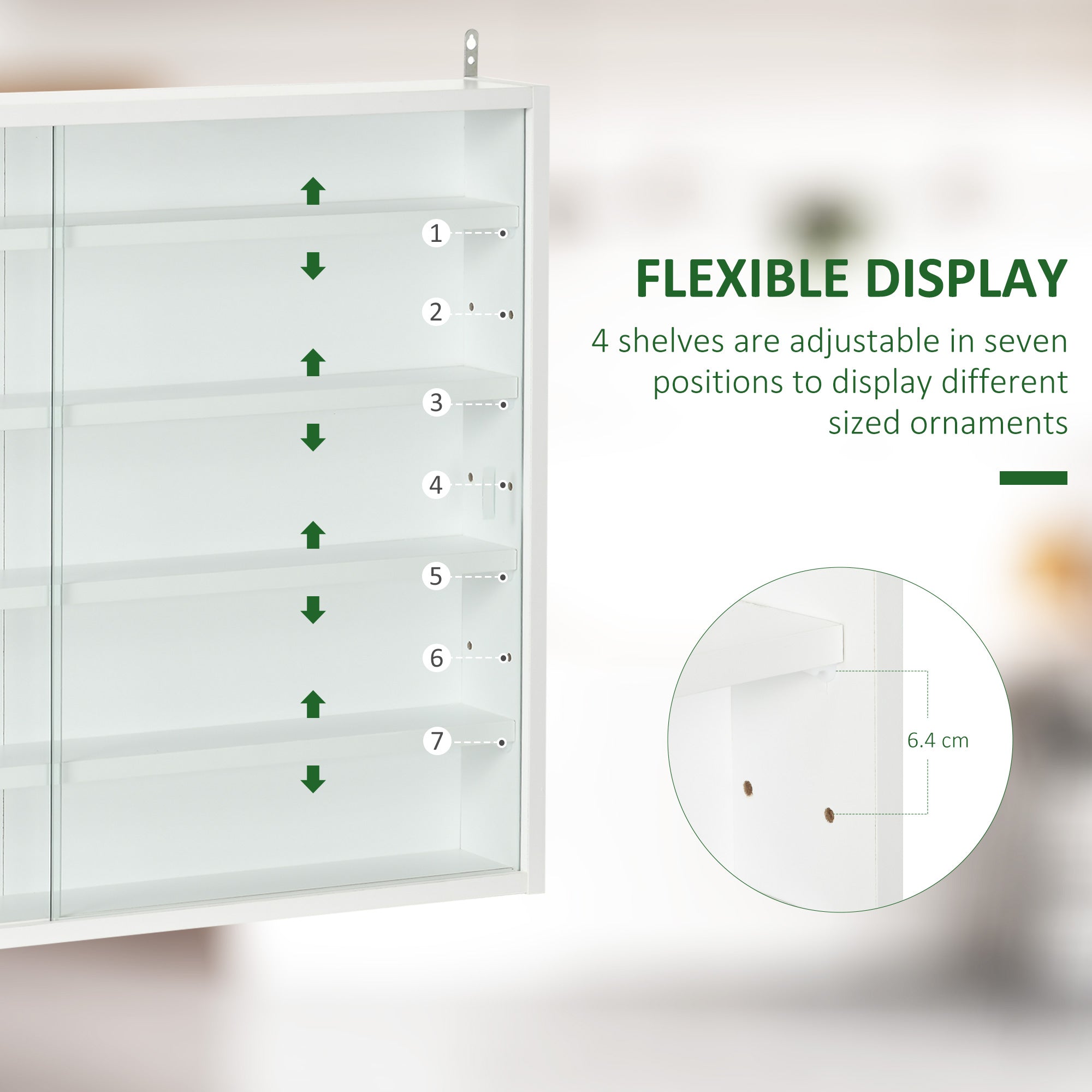 HOMCOM 5-Tier Wall Display Shelf Unit Cabinet w/ 4 Adjustable Shelves Glass Doors Home Office Ornaments 60x80cm White - North Peak Garden Furniture