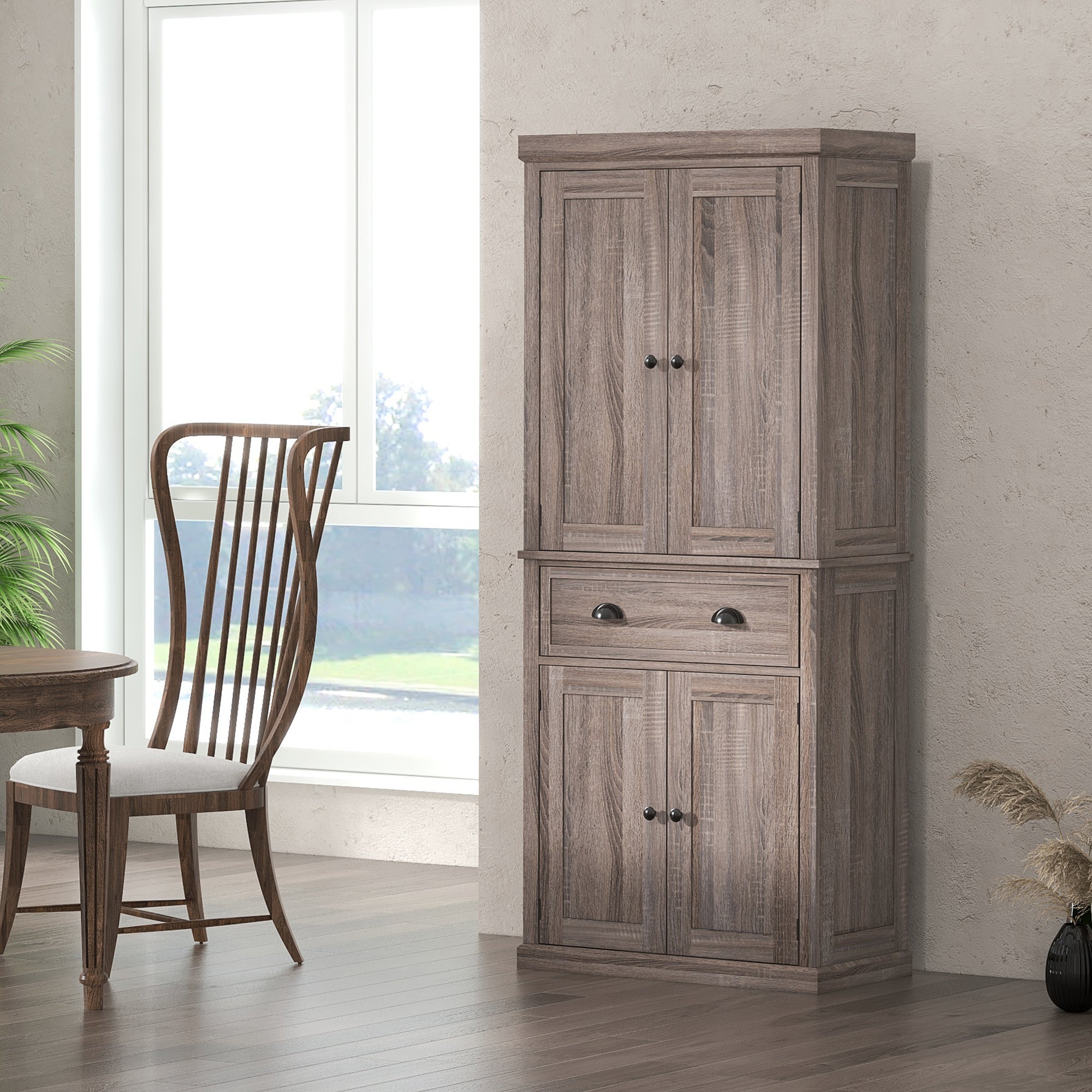 HOMCOM Freestanding Kitchen Cupboard, 184cm Tall Storage Cabinet with Doors and Shelves, Traditional Colonial 4-Door Kitchen Pantry Cupboard with Drawer, Dark Wood Grain - North Peak Garden Furniture