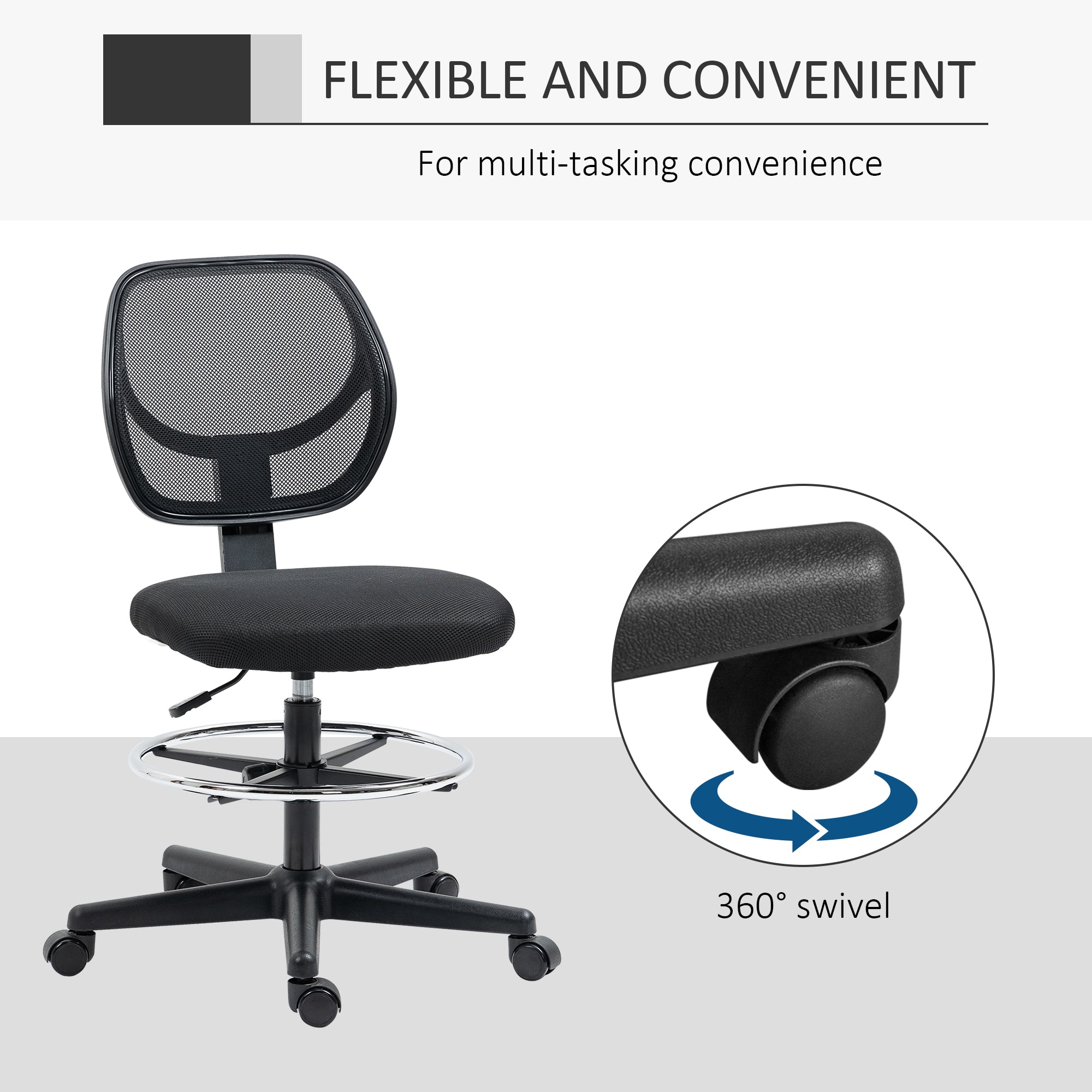 Vinsetto Ergonomic Mesh Standing Desk Chair with Adjustable Footrest Ring and Seat Height Black - North Peak Garden Furniture