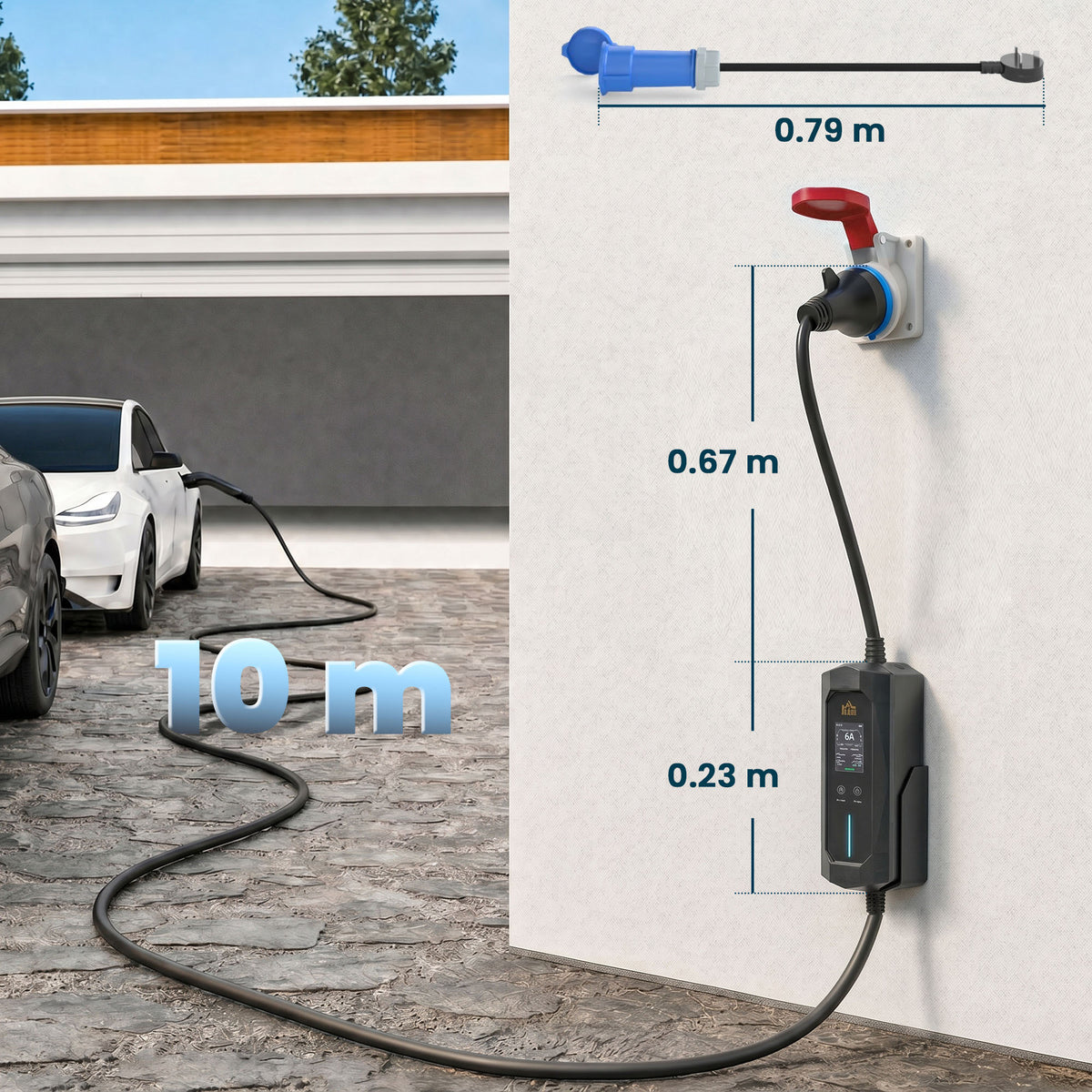 HOMCOM EV Charger 7kW Type 2 to CEE 32A Plug with UK Adapter, 10 m, 6-32A, Electric Car Charger w/ 1-12 h Time Delay