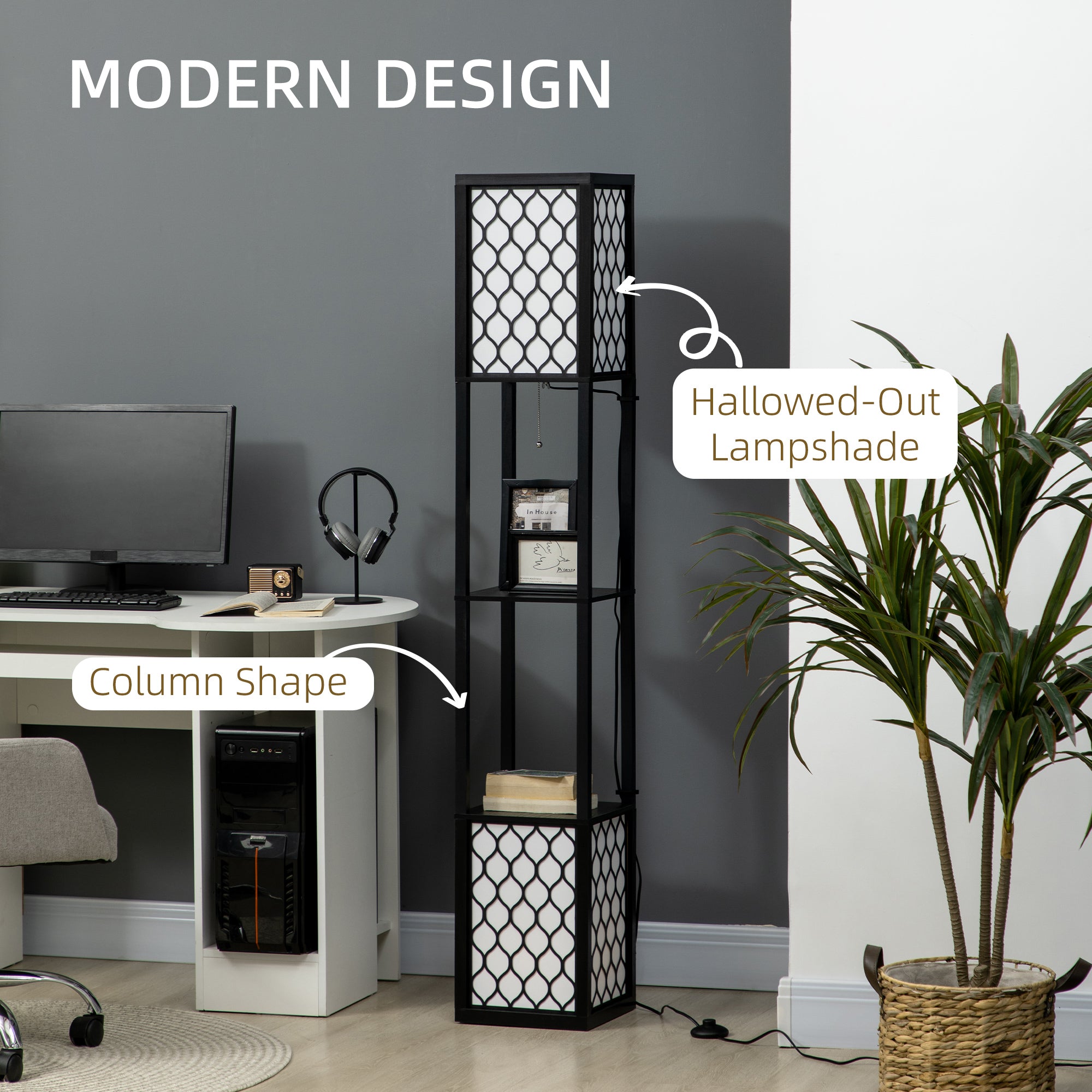 HOMCOM Floor Lamp with Shelves, Dual Light, Modern Tall Standing Lamps for Living Room, Bedroom, with Pull Chain Switch Bulb not Included, Black - North Peak Garden Furniture