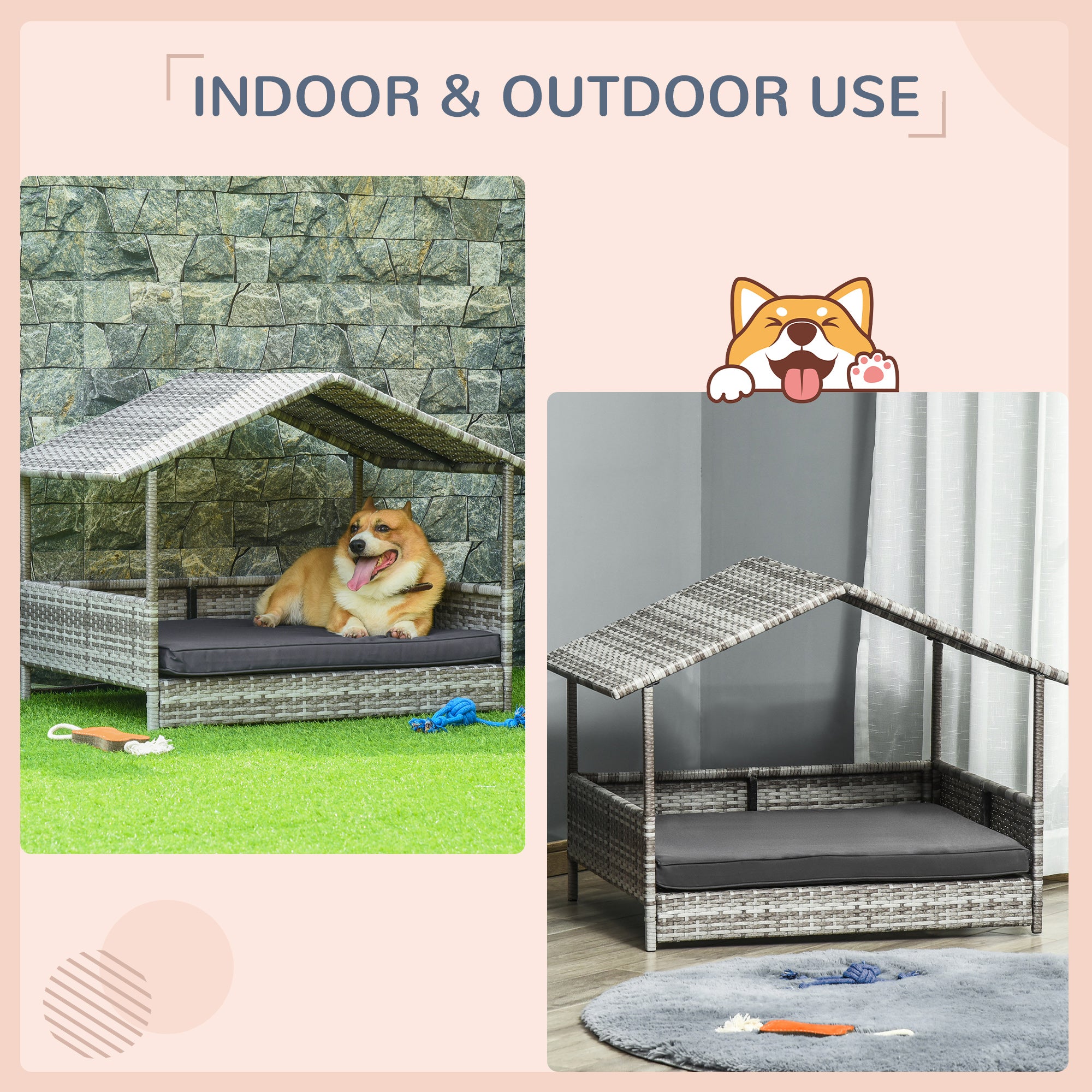 PawHut Wicker Dog House, Rattan Pet Bed, with Removable Cushion, Canopy, for Small and Medium Dogs - Dark Grey - North Peak Garden Furniture