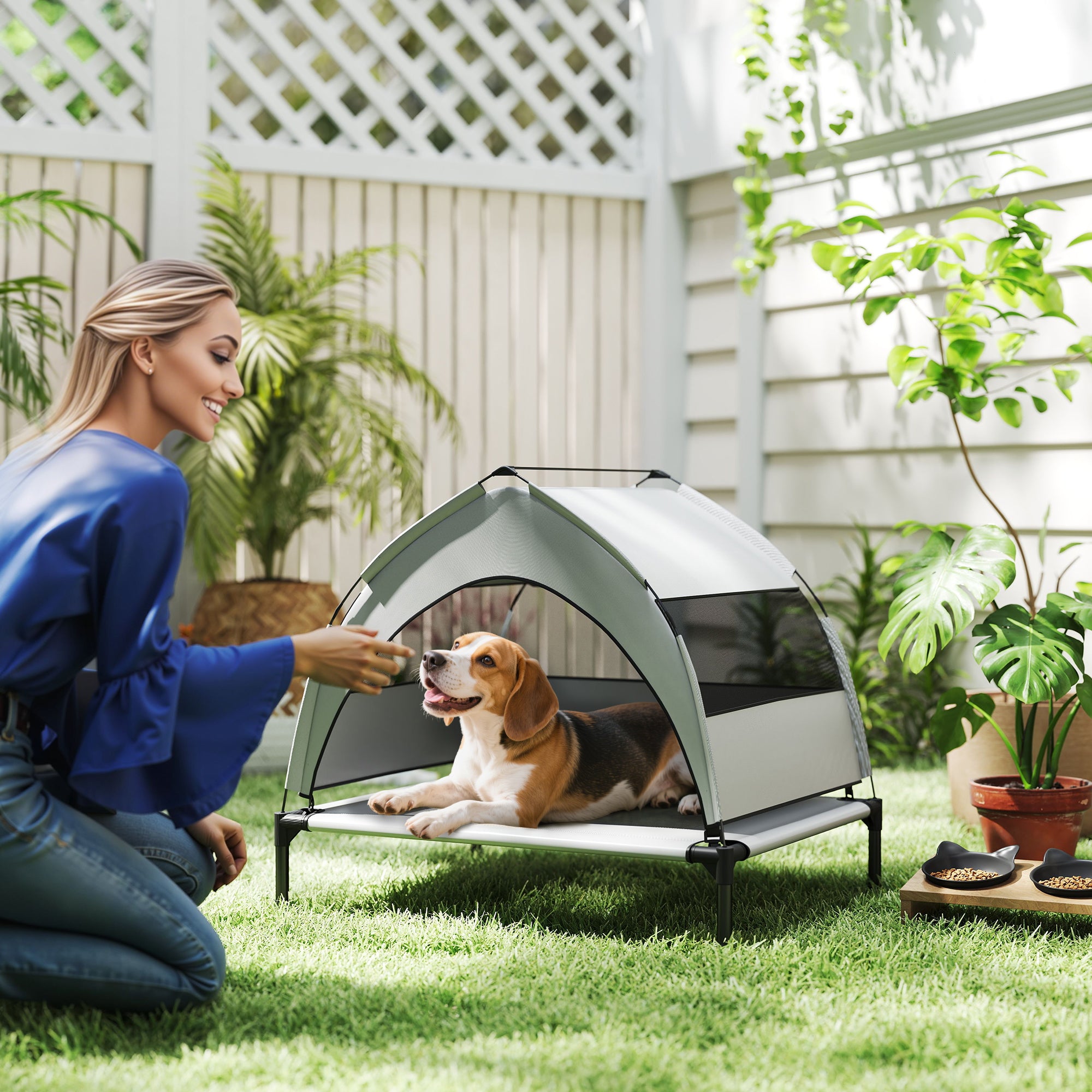 PawHut Portable Elevated Dog Bed with Removable Canopy, Cooling Raised Pet Cot for Small Medium Dogs, 76 x 61 x 60 cm - North Peak Garden Furniture