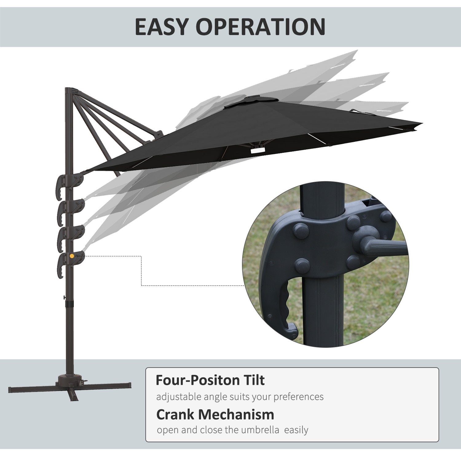 Outsunny Cantilever Parasol, with LED Lights and Cross Base - Dark Grey