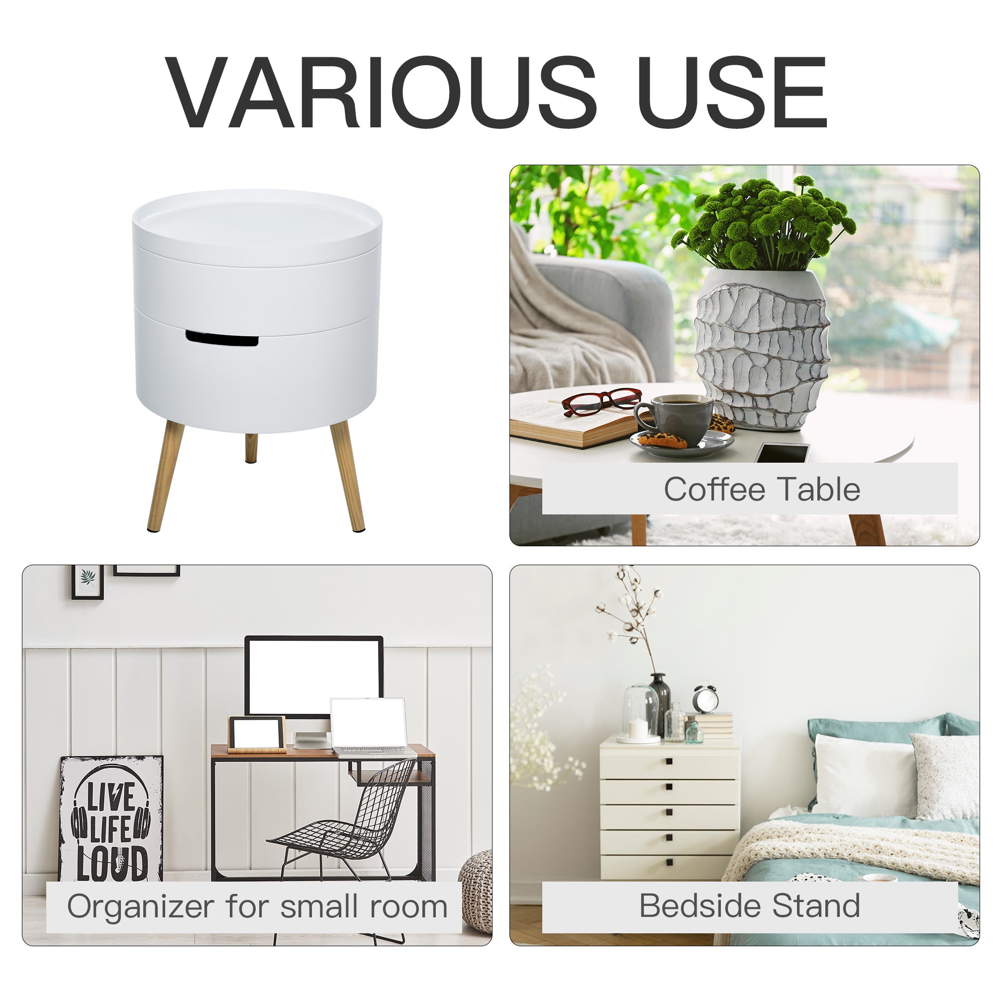HOMCOM 3-Tier Coffee Table, Round End Table with 2 Hidden Compartments and Detachable Tray, Side Table with Storage for Living Room, White - North Peak Garden Furniture