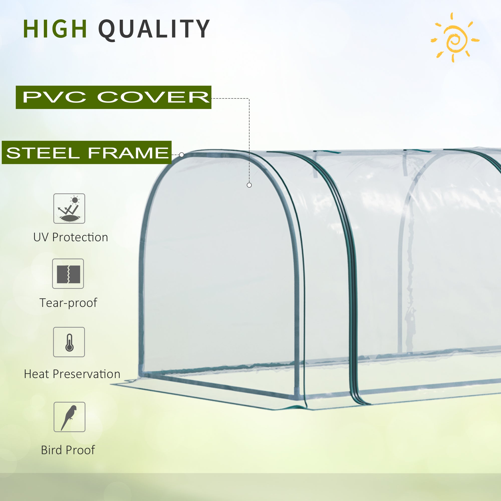 Outsunny Portable Small Greenhouse, Steel Frame with Zipper Doors,PVC Tunnel Greenhouse Plant Grow House, 350Lx100Wx80Hcm-Dark Green/Transparent