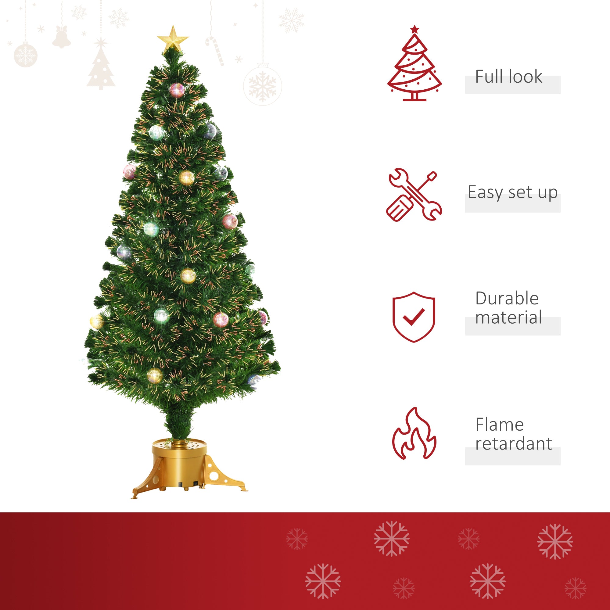 HOMCOM 5FT Prelit Artificial Christmas Tree with Fibre Optics, Baubles Decoration, Golden Pot for Holiday, Home - Green - North Peak Garden Furniture
