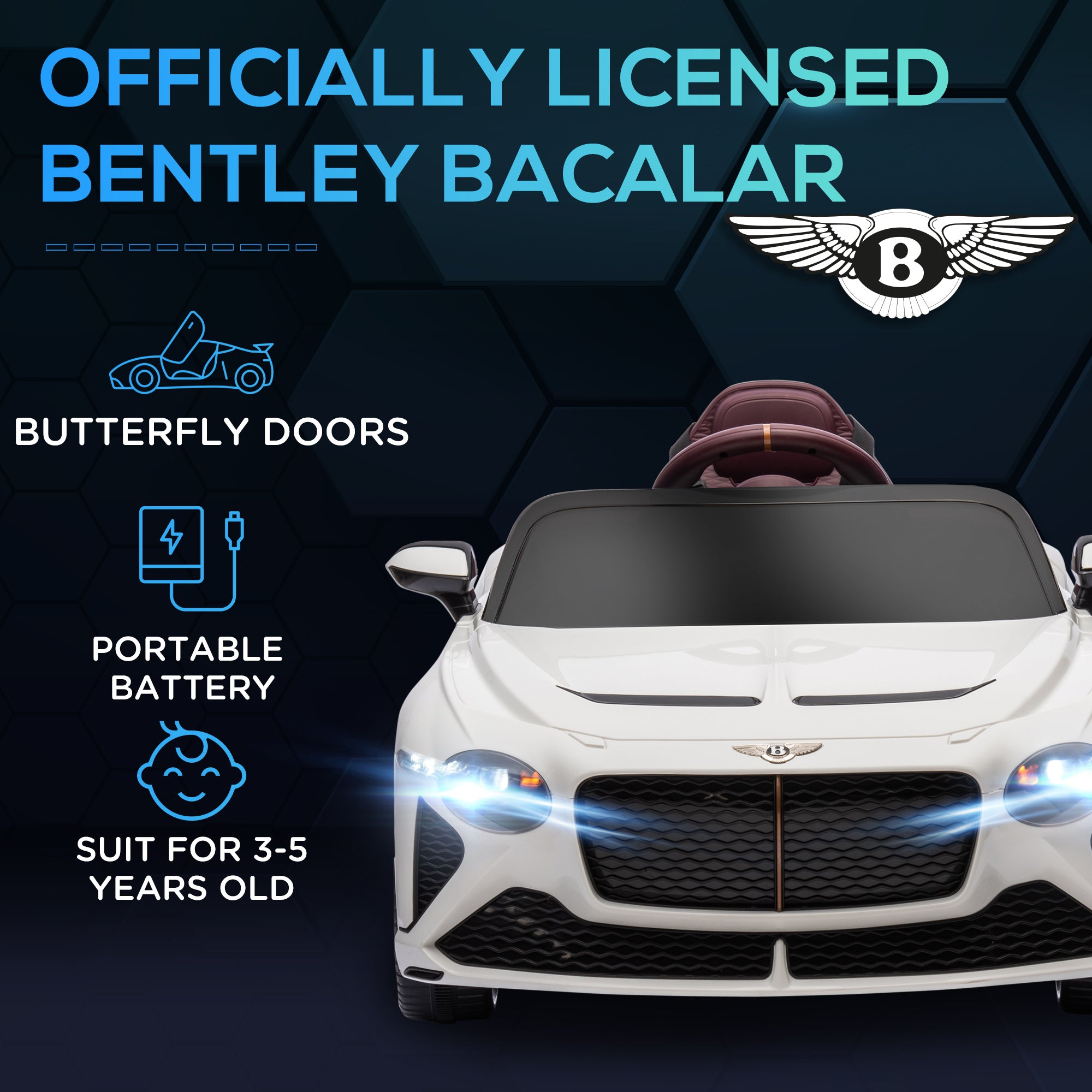 HOMCOM Bentley Bacalar Licensed 12V Kids Electric Car, with Remote Control, White - North Peak Garden Furniture