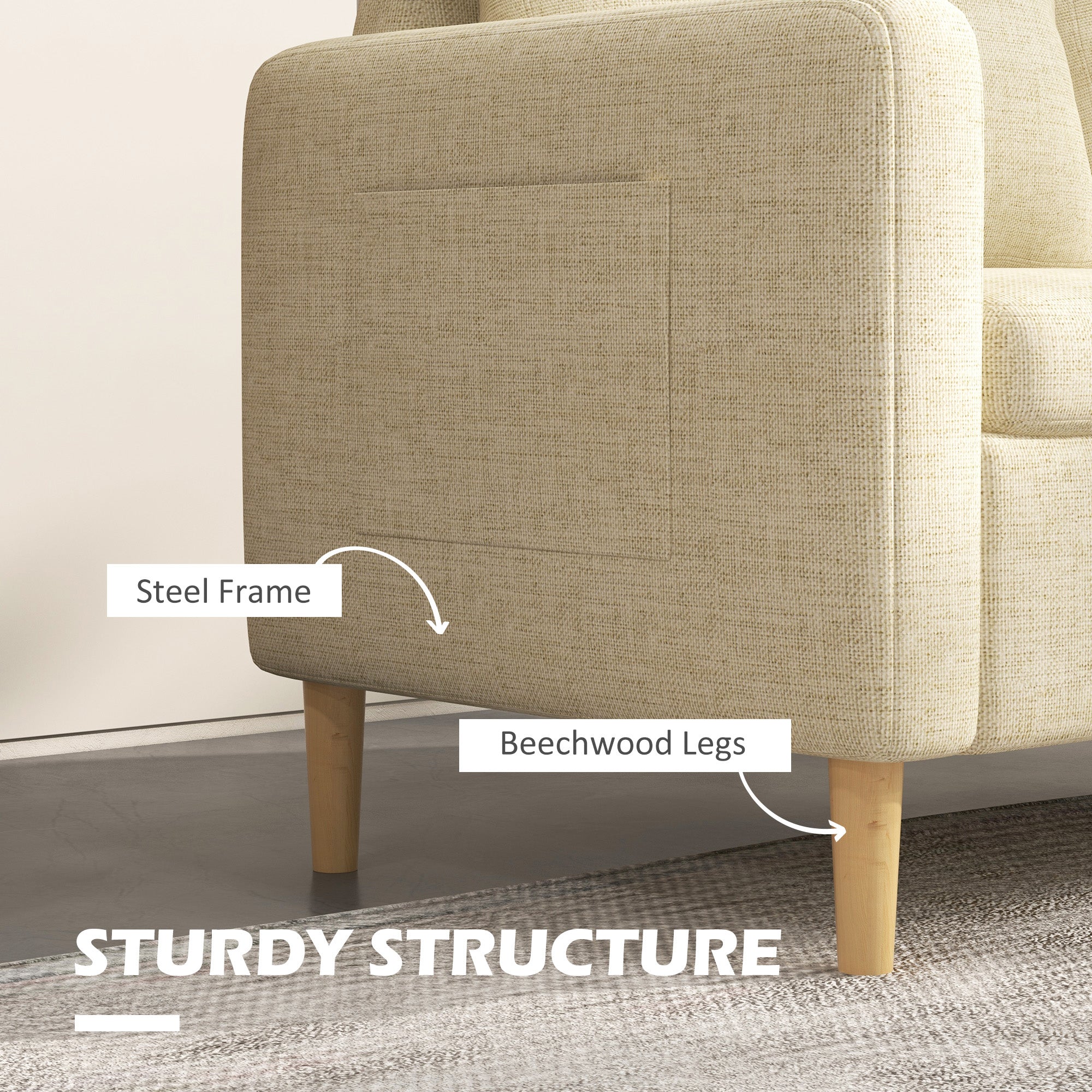 HOMCOM Two Seater Sofa for Living Room, Modern Fabric Couch with Wood Legs and 2 Pockets for Bedroom and Home Office, Beige - North Peak Garden Furniture