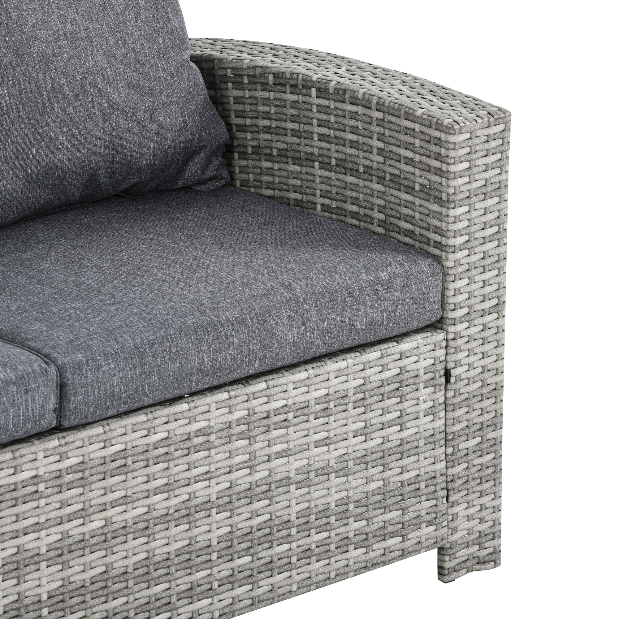 Outsunny 6 Pieces PE Rattan Garden Furniture Set with Three-seat, Armchairs and Footstools, Aluminium Patio Wicker Dining Sets w/ Glass Top Dining Table, Soft Cushion, Light Grey - North Peak Garden Furniture