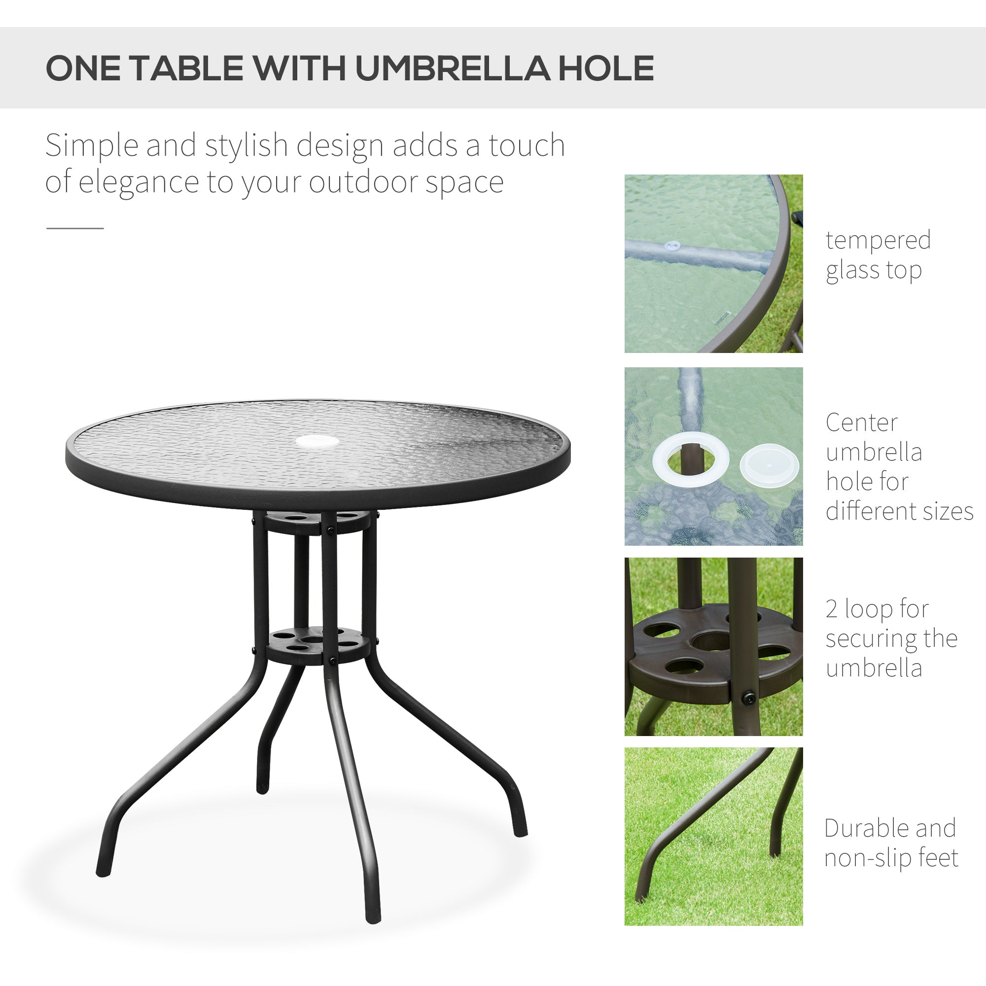 Outsunny 6 Piece Garden Dining Set with Umbrella, Patio Sets with Parasol with 4 Folding Dining Chairs & Round Tempered Glass Table, Black - North Peak Garden Furniture