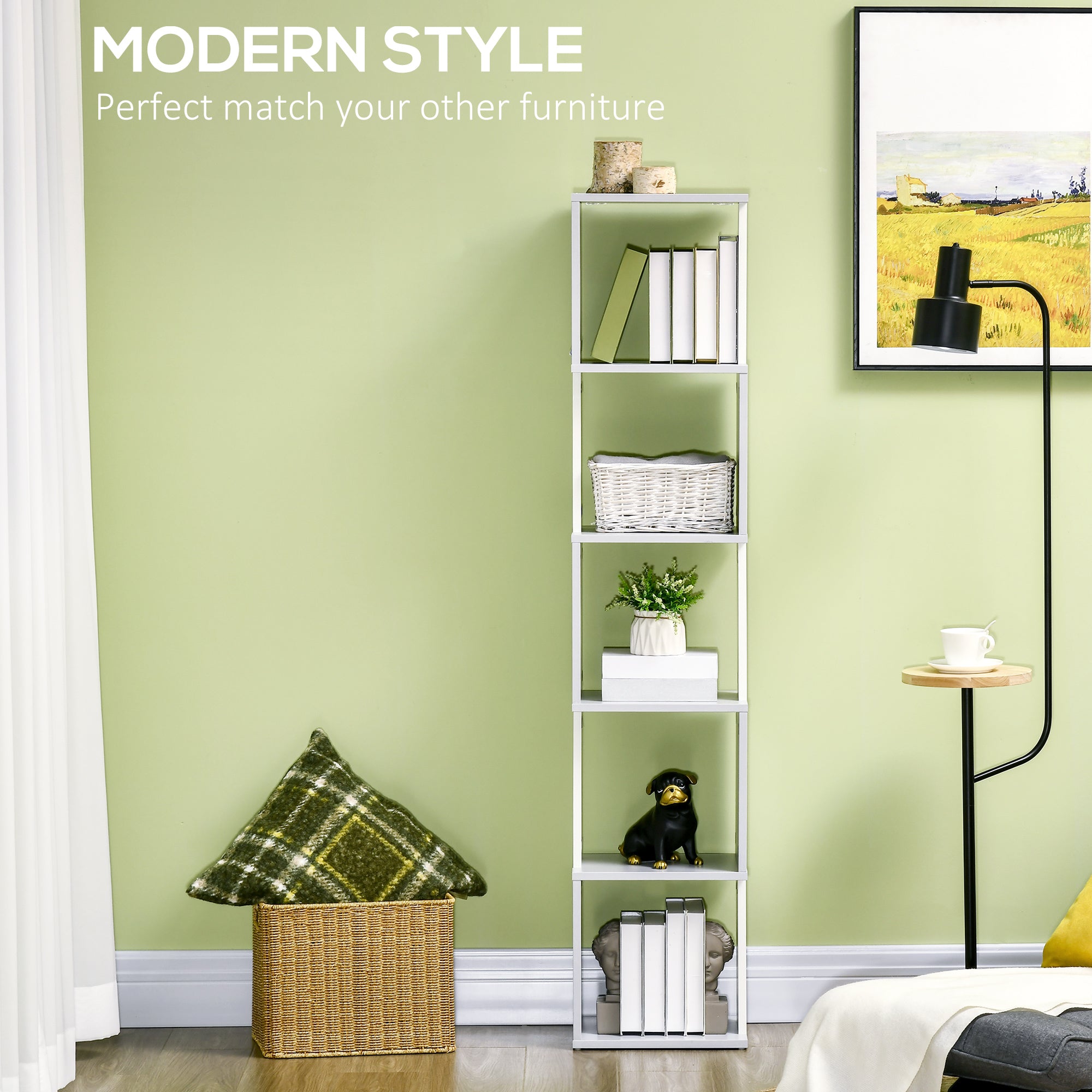 HOMCOM Modern 5-Tier Bookshelf, Freestanding Bookcase Storage Shelving for Living Room Home Office Study, White and Light Grey - North Peak Garden Furniture