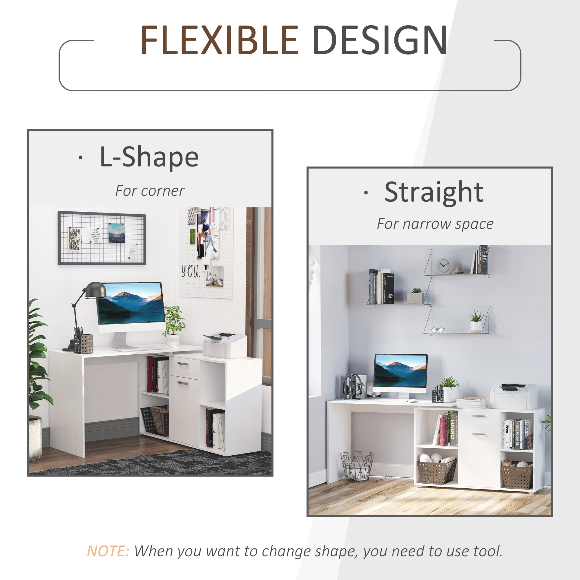 HOMCOM L-Shaped Computer Desk with Storage Compartments, Drawer and Cabinet, Laptop PC Corner Table, Home Office Workstation, 120 x 115 x 76cm, White - North Peak Garden Furniture