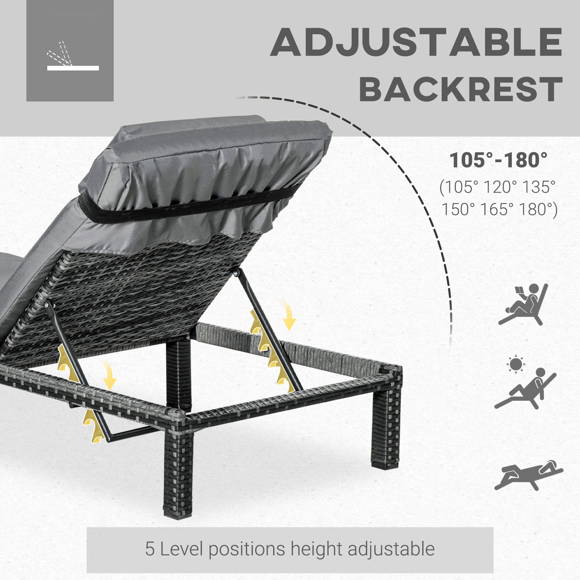 Outsunny 2 Pieces Outdoor PE Rattan Sun Loungers set of 2 with Cushion, Garden Wicker Sunbed Furniture with 5-Level Recliner Backrest, Grey - North Peak Garden Furniture