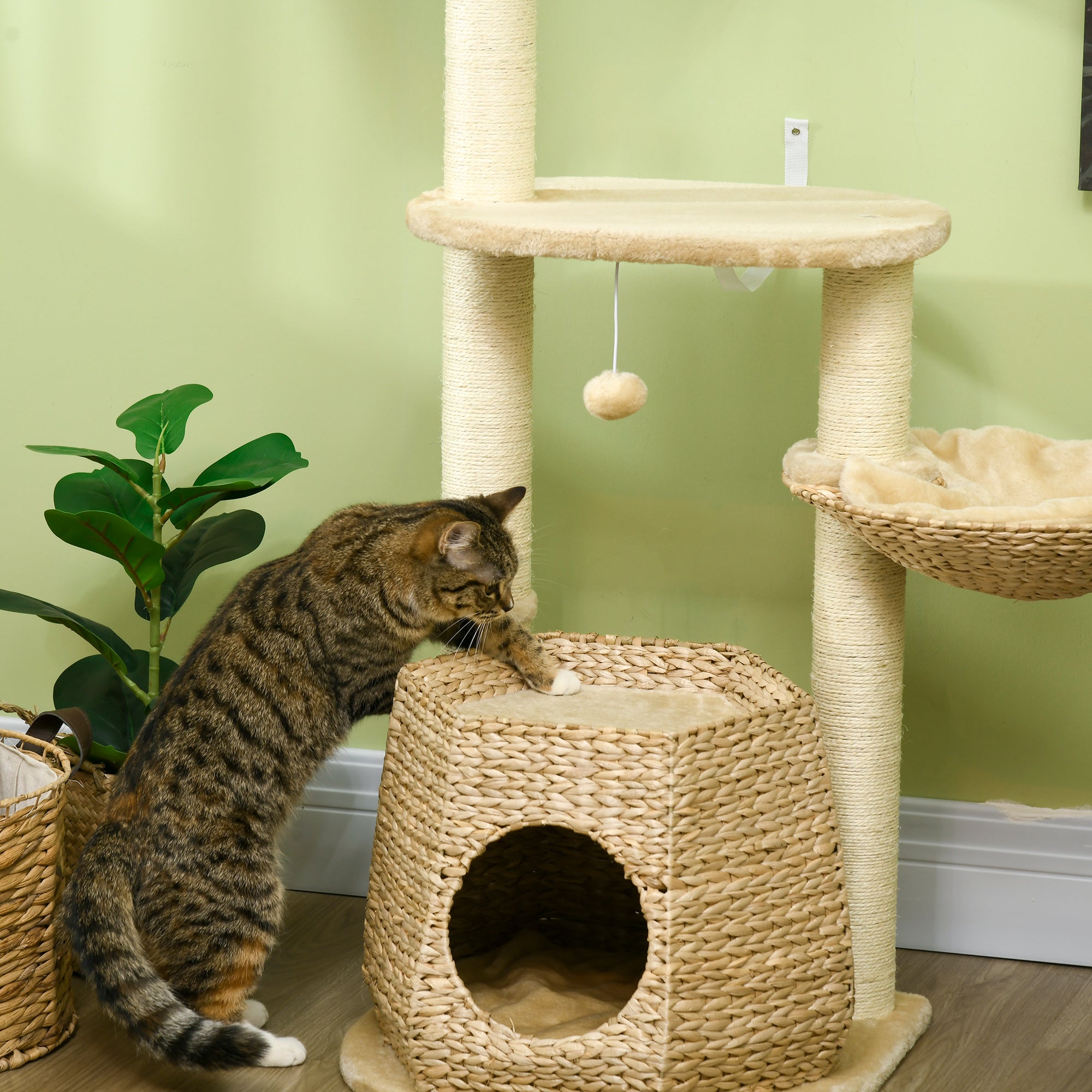 PawHut Cat Tree Activity Centre, with Cattail, Bed, Cat House, Sisal Post, Ball - Natural Tone