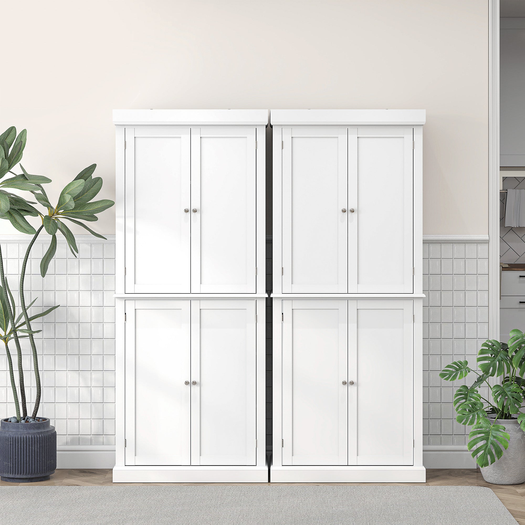 HOMCOM Freestanding Kitchen Cupboard with 4 Doors, Storage Cabinet with 6-Tier Shelving and 4 Adjustable Shelves, White - North Peak Garden Furniture