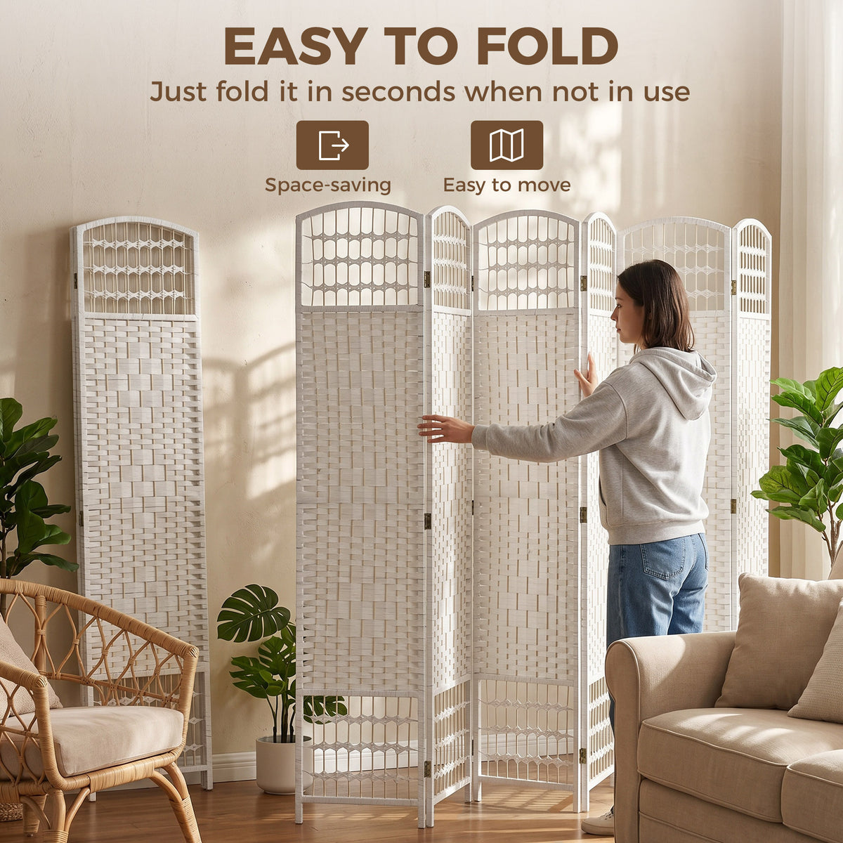 HOMCOM 6 Panel Folding Room Divider, Privacy Screen, Paravent Partition Separator for Living Room, Bedroom, White