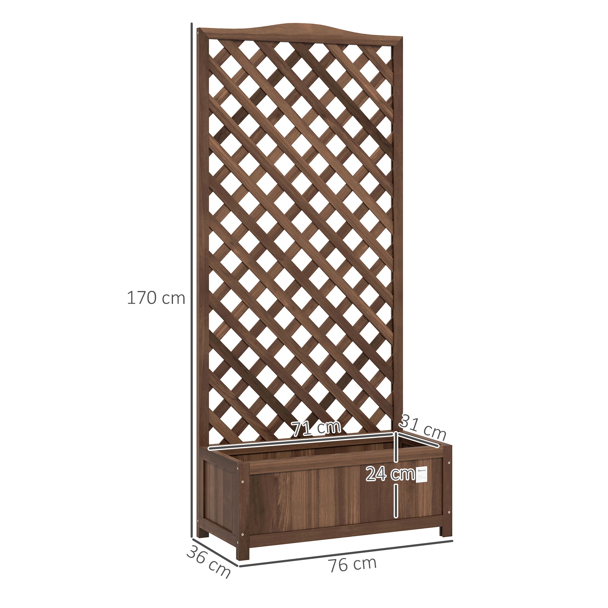 Outsunny 53L Garden Wooden Planter Box with Trellis Free Standing Flower Raised Bed with Lattice for Climbing Plants, 76cm x 36cm x 170cm, Dark Brown - North Peak Garden Furniture