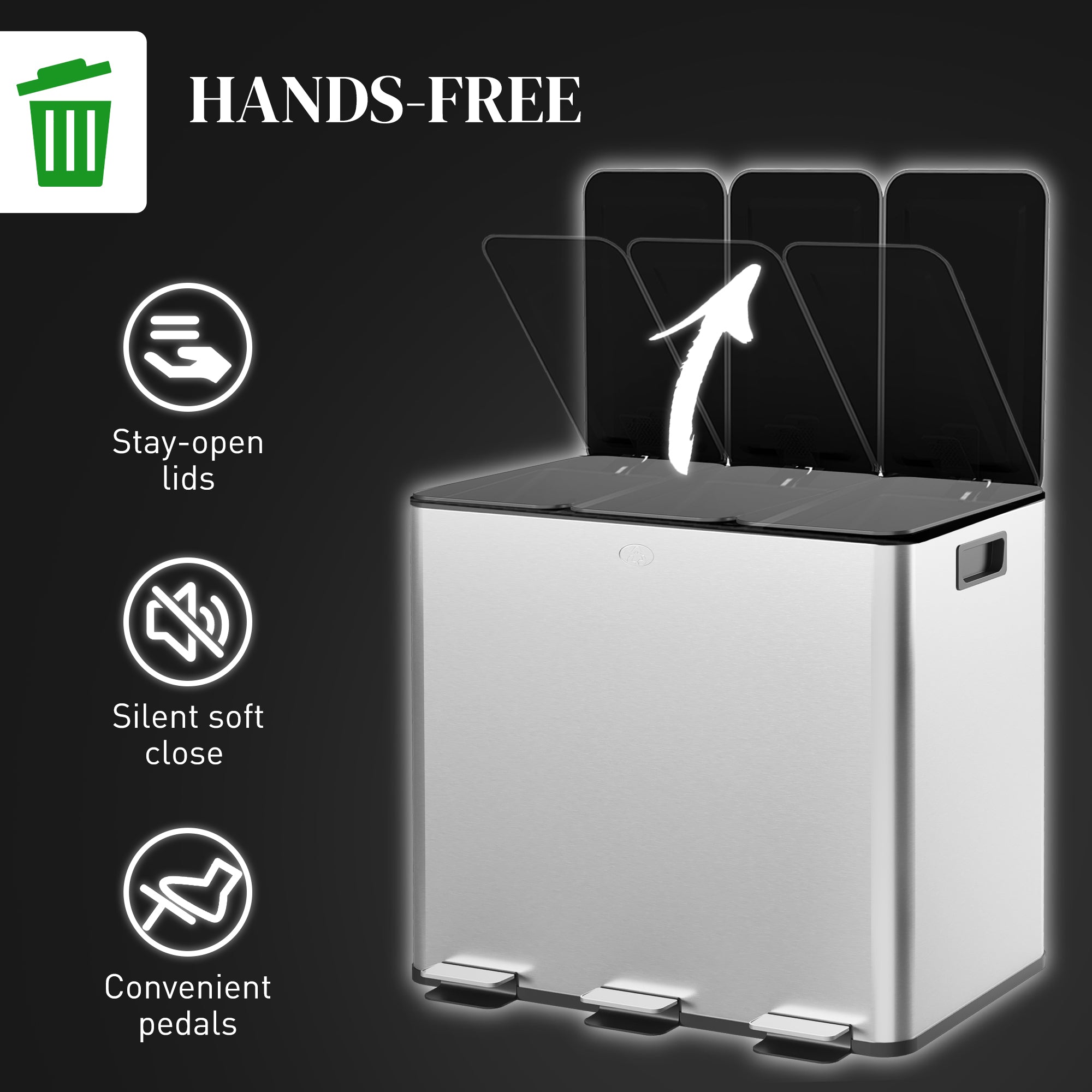 HOMCOM 3 x 15L Pedal Bin, Steel Triple Kitchen Bin with Soft Close Lid, Removable Inner Buckets, Fingerprint-Proof, Silver - North Peak Garden Furniture