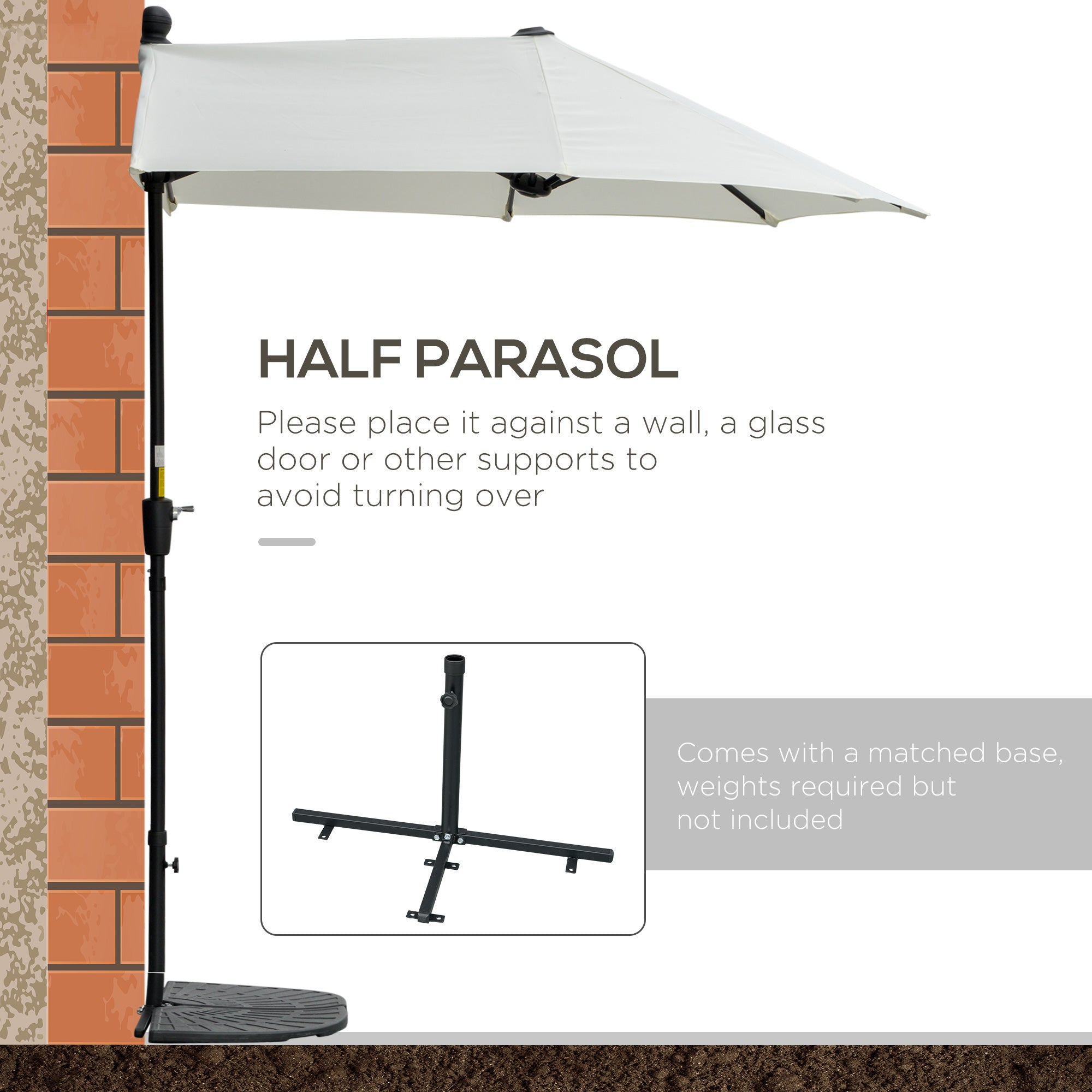 Outsunny 2m Half Parasol Market Umbrella Garden Balcony Parasol with Crank Handle, Base, Double-Sided Canopy, Cream White - North Peak Garden Furniture