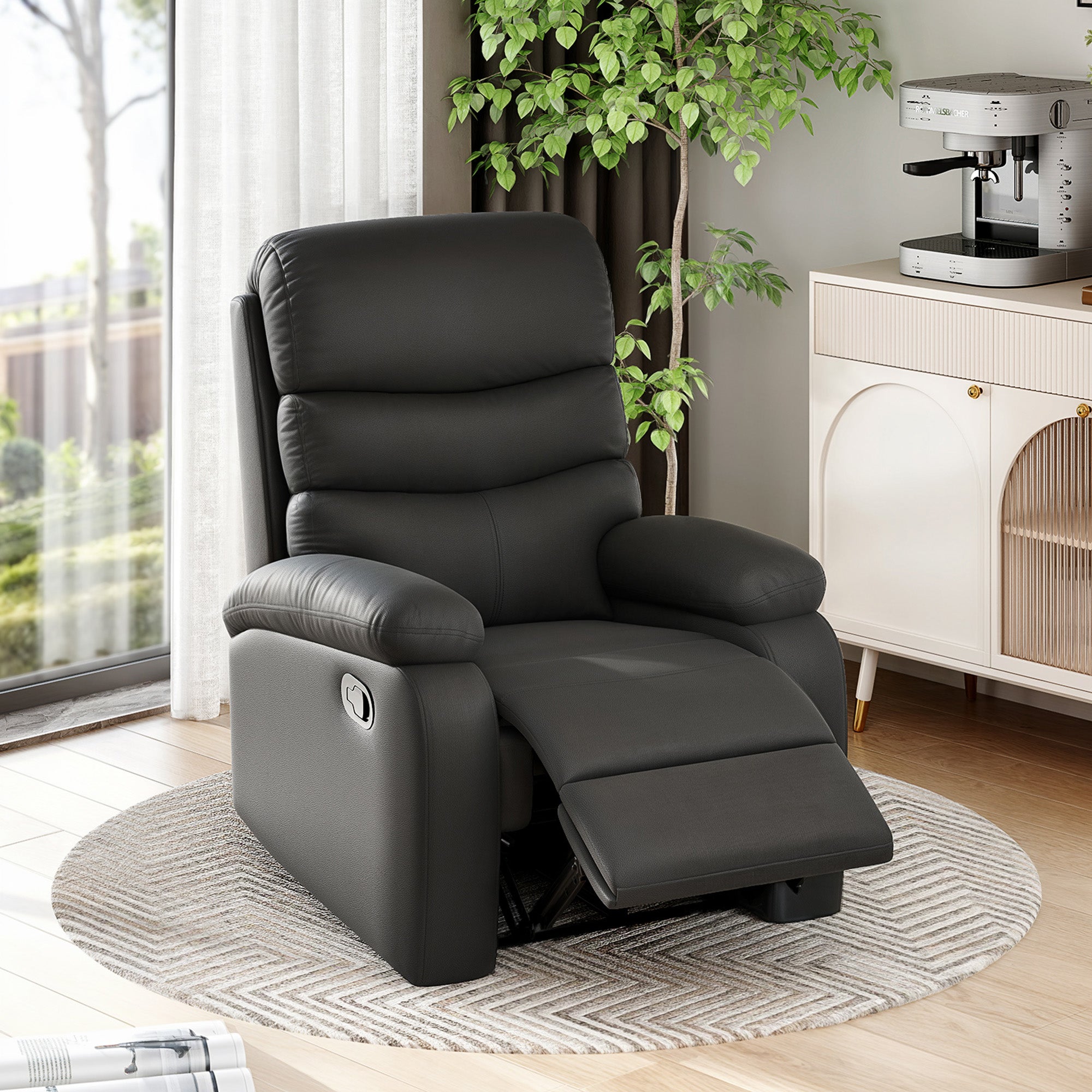 HOMCOM PU Leather Reclining Chair, Manual Recliner Chair with Padded Armrests, Retractable Footrest and Wood Frame, Black - North Peak Garden Furniture