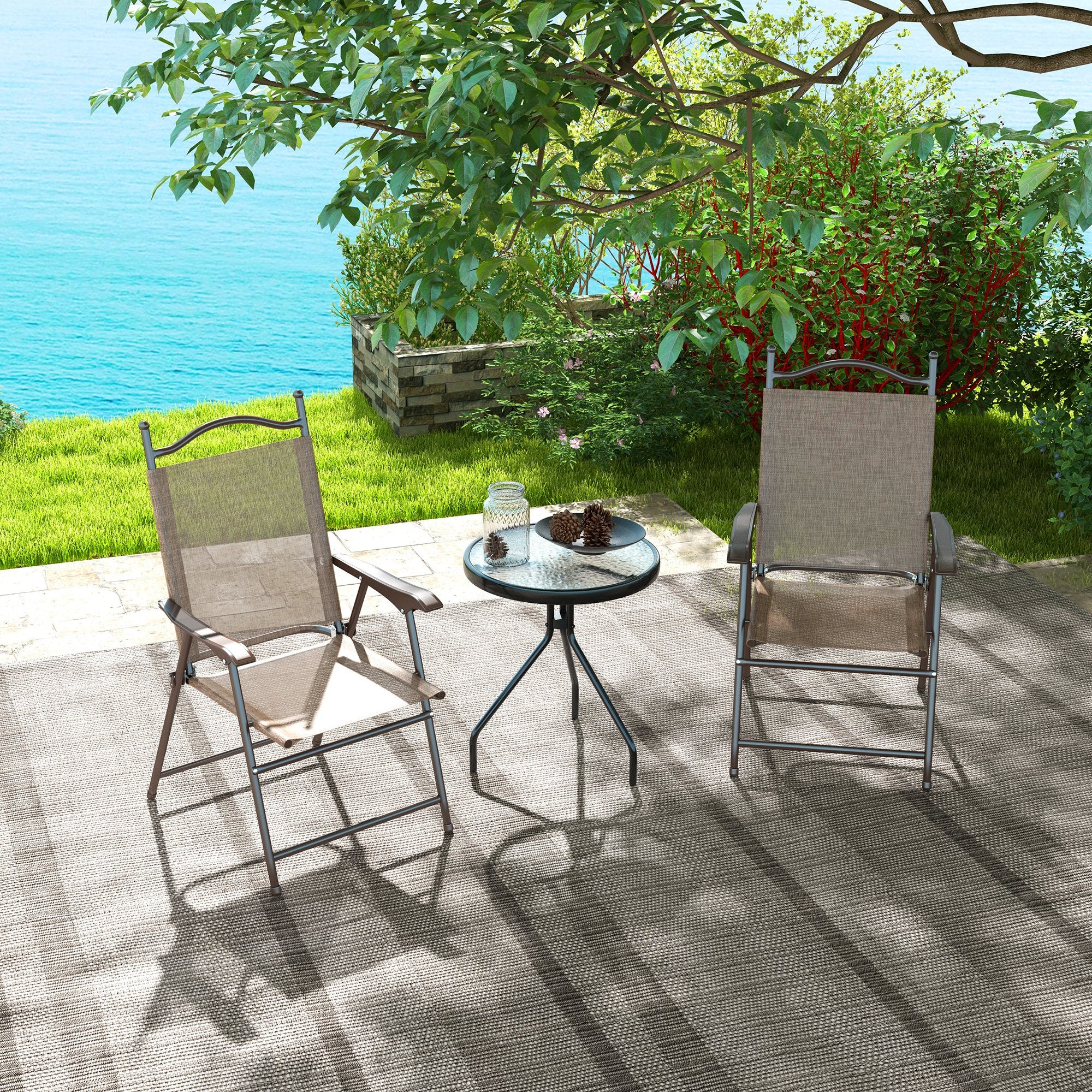 Outsunny Set of Two Folding Garden Chairs, with Fabric Mesh Seats - Mixed Brown - North Peak Garden Furniture