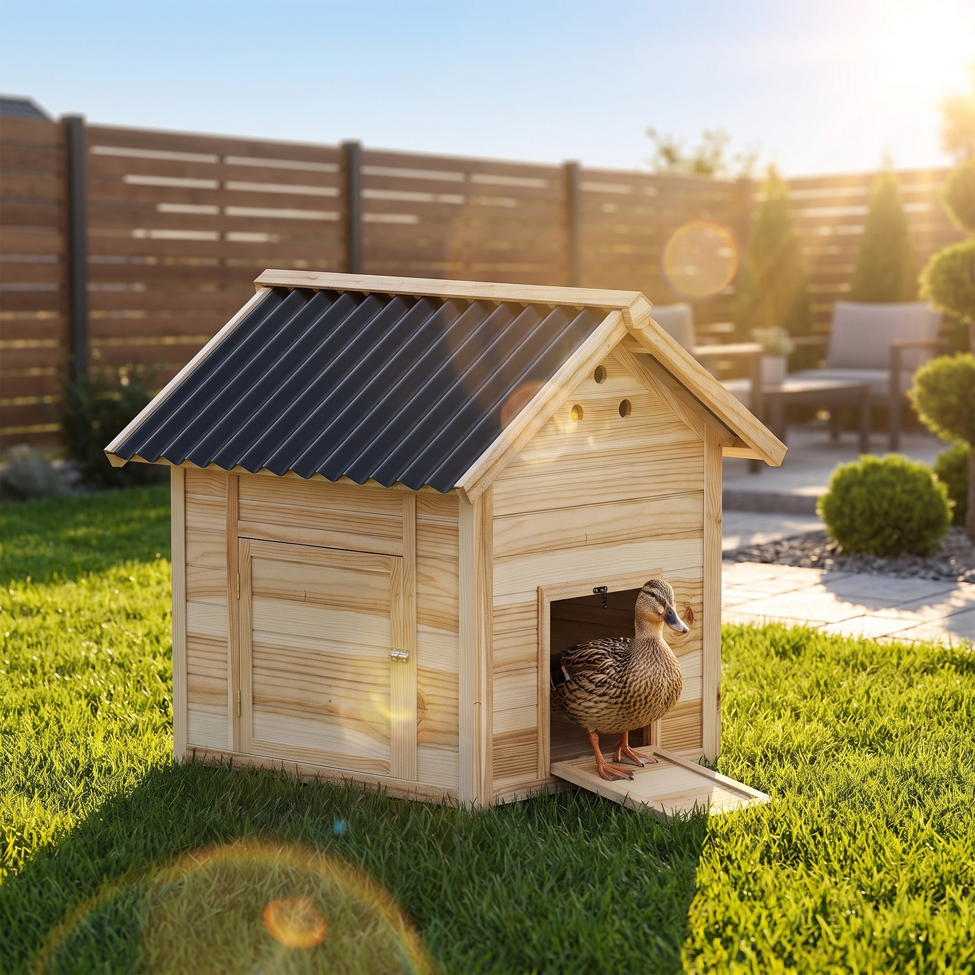 PawHut Wooden Duck House with Double Doors, Openable Roof, Ventilation Holes, Removable Base, Natural Wood Finish
