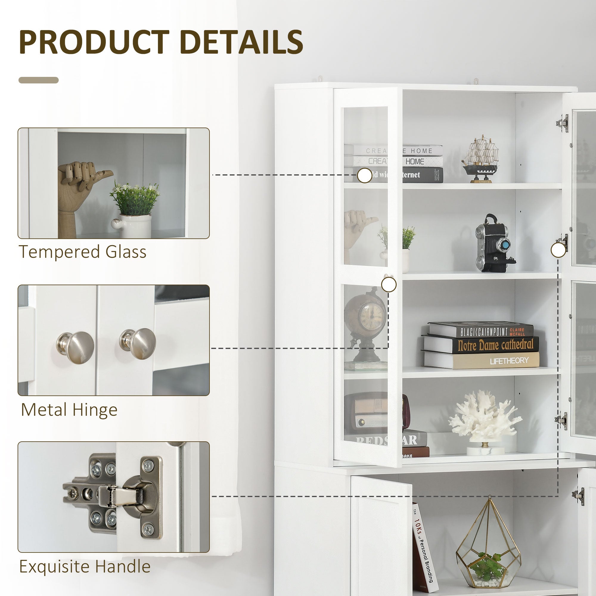 HOMCOM Modern Bookcase with Glass Doors, Display Storage Cabinet with Adjustable Shelves for Living Room, Study, Office, White - North Peak Garden Furniture