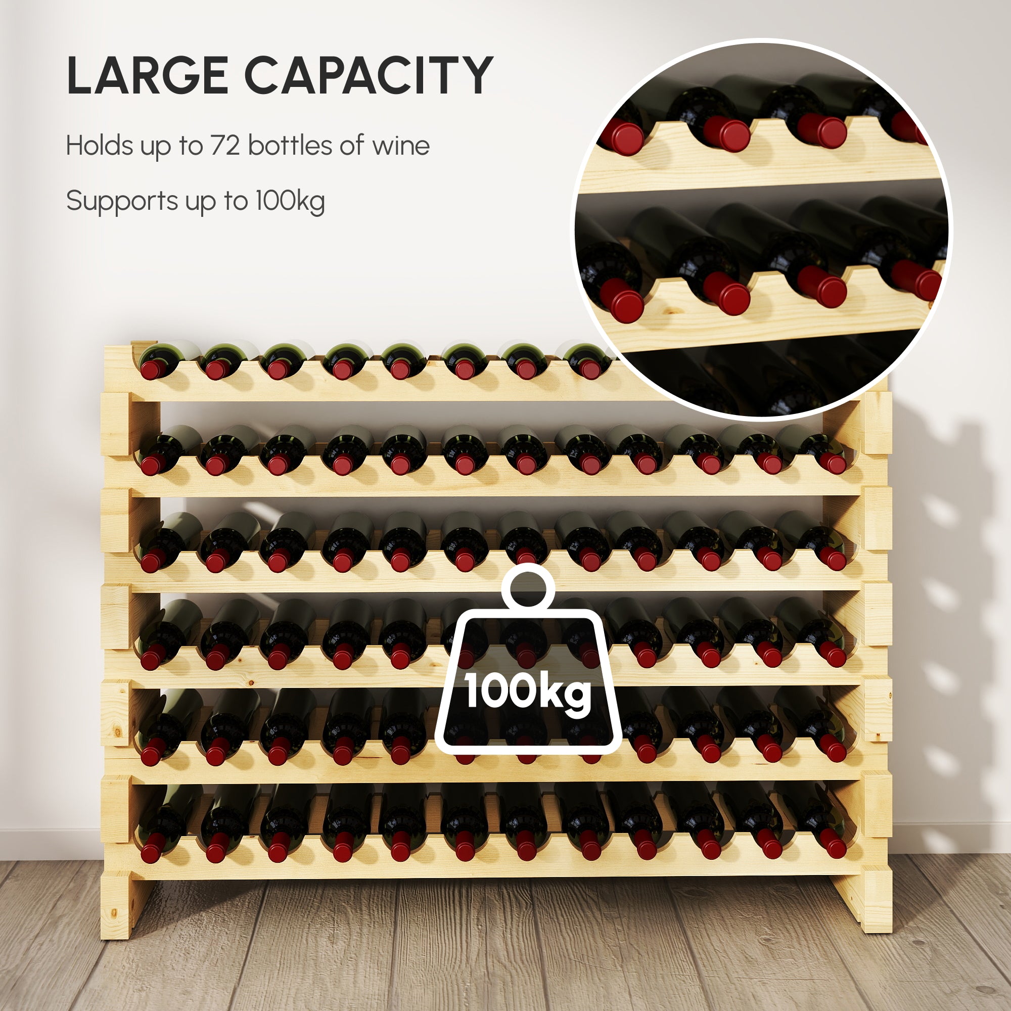 HOMCOM Wooden Wine Rack 6 Tier Shelf for 72 Bottles Shelving Storage Holder