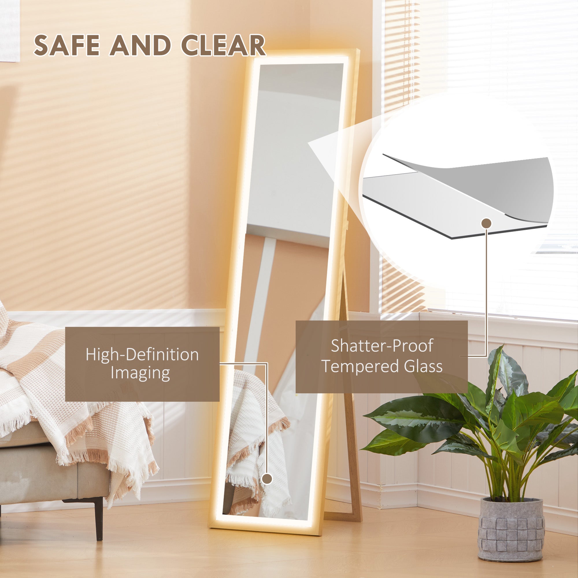 HOMCOM Full Length Mirror, with Adjustable Outer Light, Oak - North Peak Garden Furniture