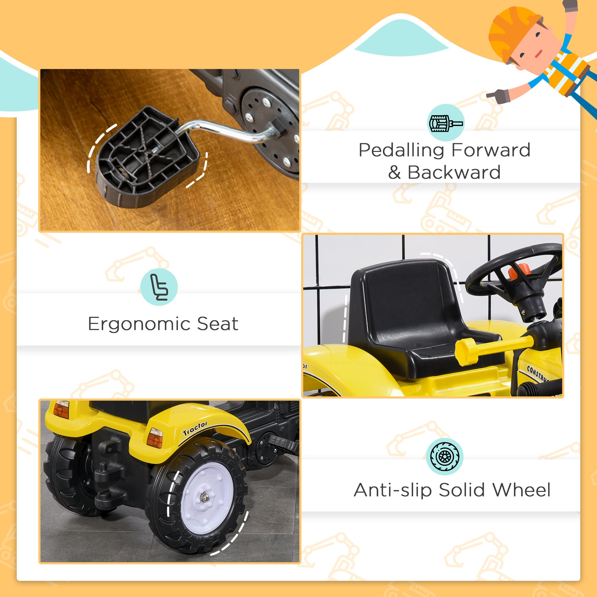 HOMCOM Pedal Go Kart Ride On Excavator W/ Front Loader Digger Four Wheels Child Toy, for 3 Years Old - North Peak Garden Furniture