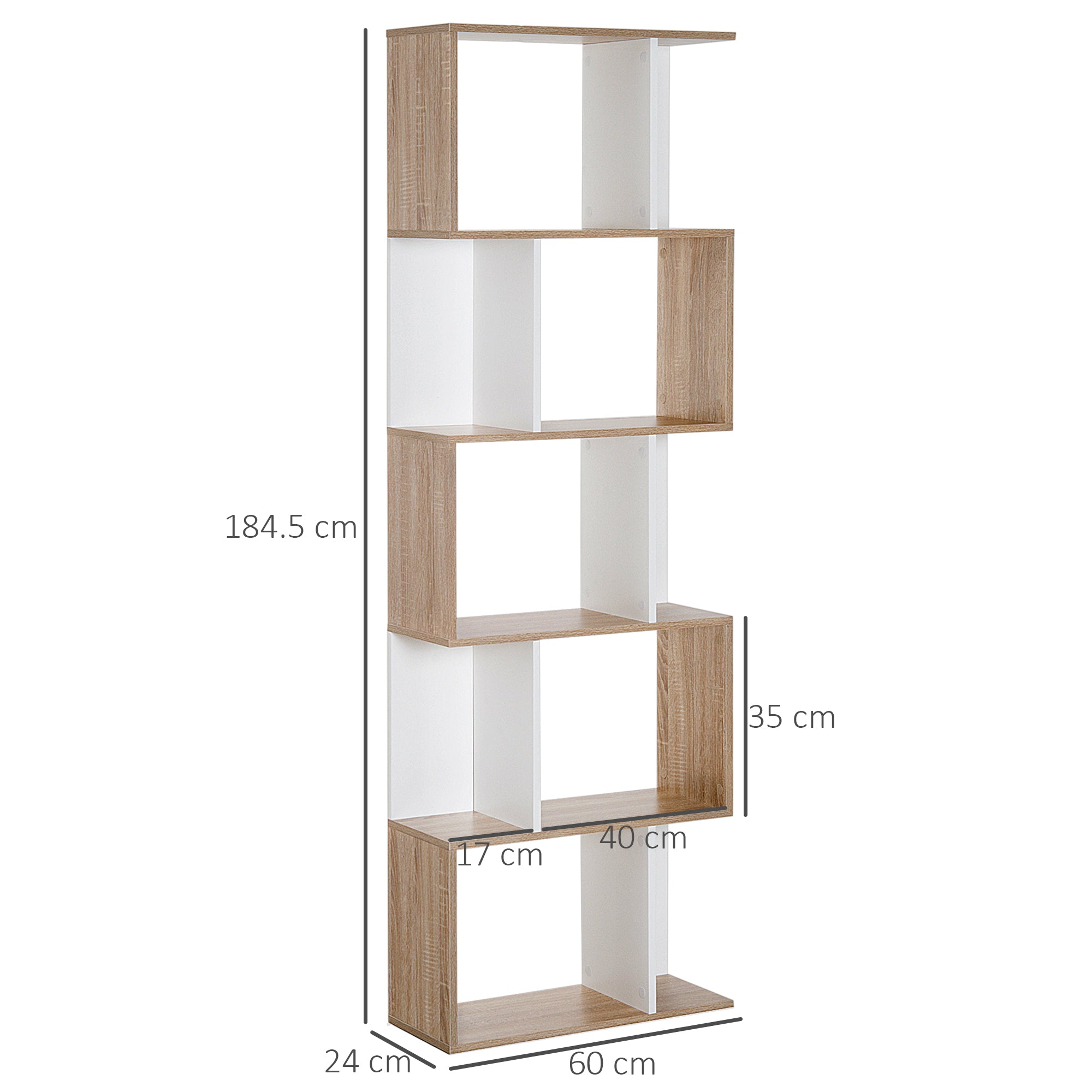 HOMCOM 5-tier Bookcase Storage Display Shelving S Shape design Unit Divider Natural - North Peak Garden Furniture