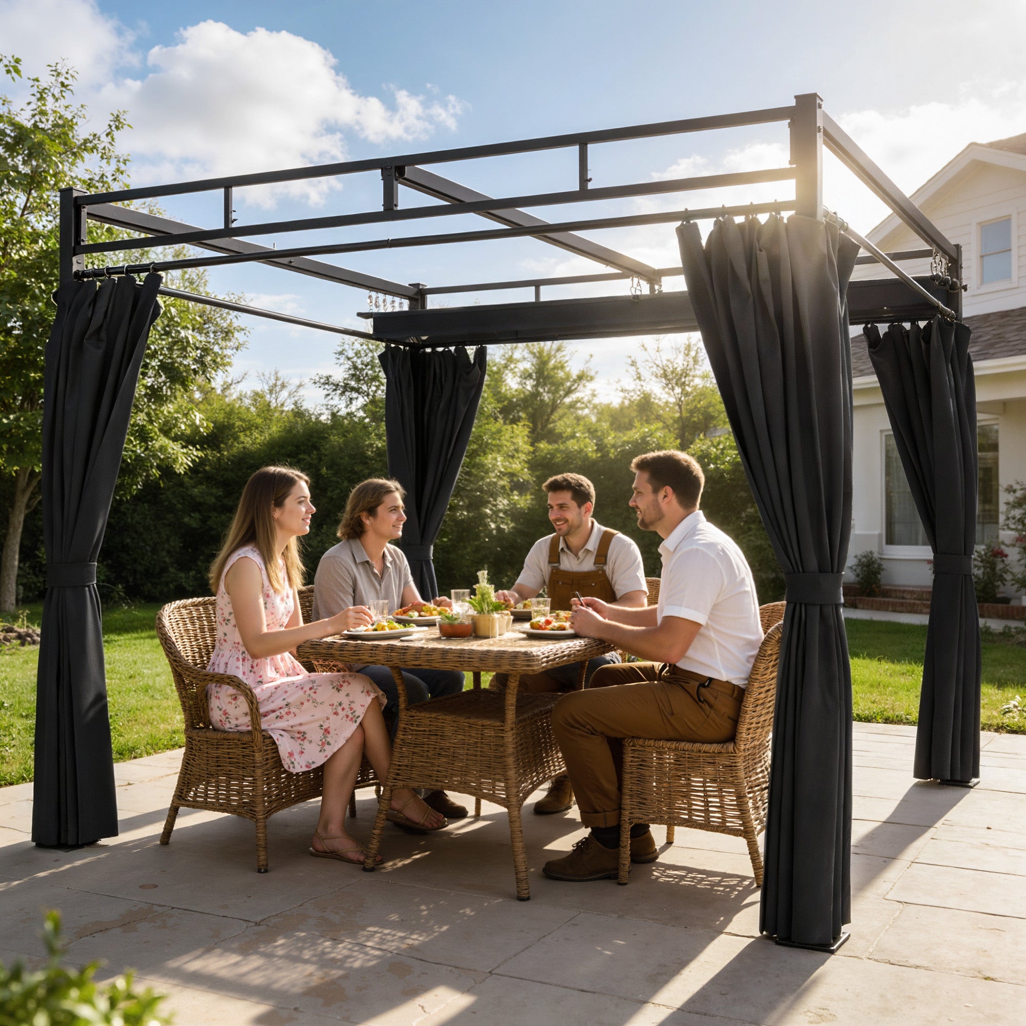Outsunny 3 x 3 m Pergola with Retractable Roof Canopy and Curtains, UPF30+ Metal Frame Garden Pergola Gazebo Sun Shade, Dark Grey