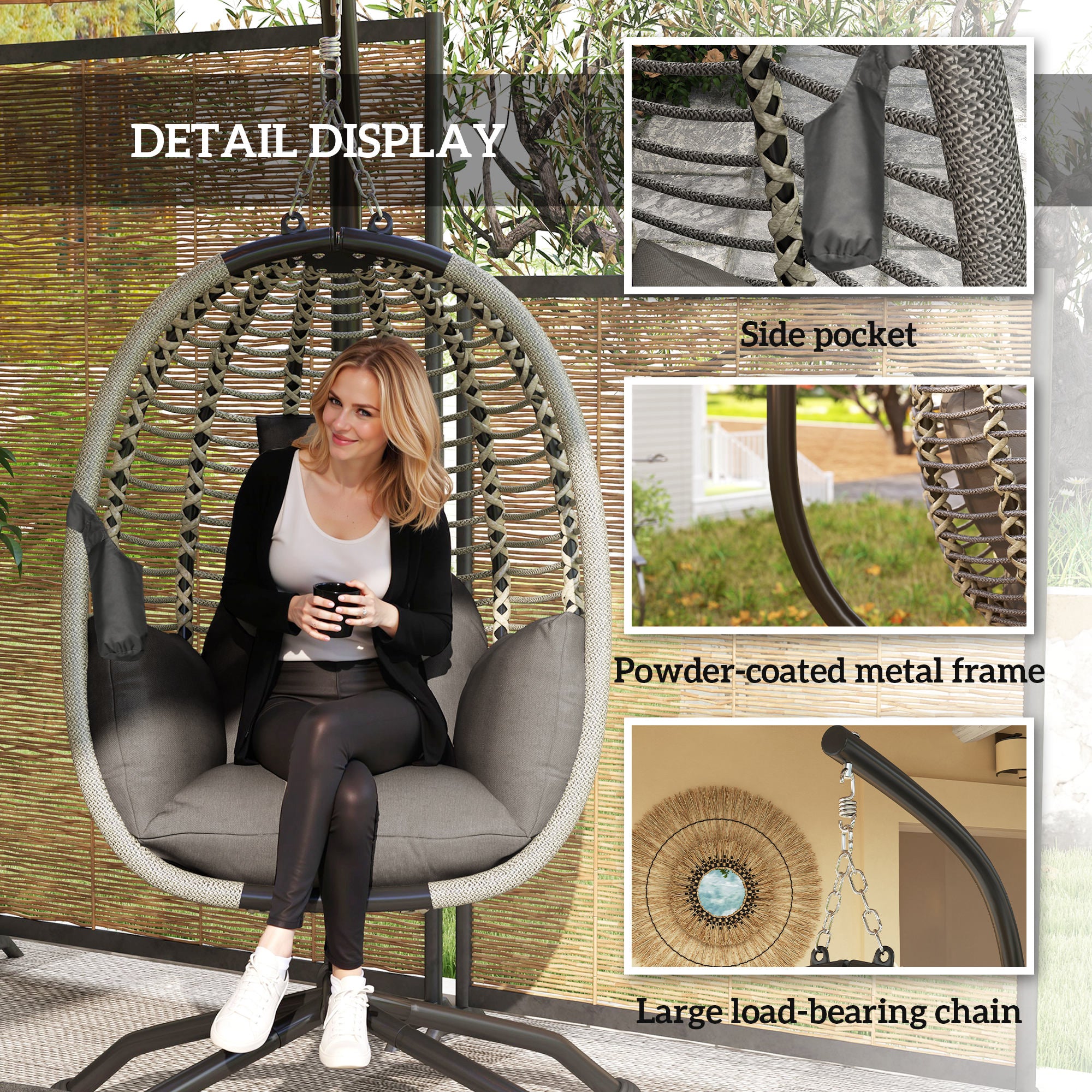 Outsunny Outdoor Swing Chair with Thick Padded Cushion, Patio Hanging Chair with Metal Stand, Foldable Basket, Cup Holder, Rope Structure, for Indoor & Outdoor, Dark Grey