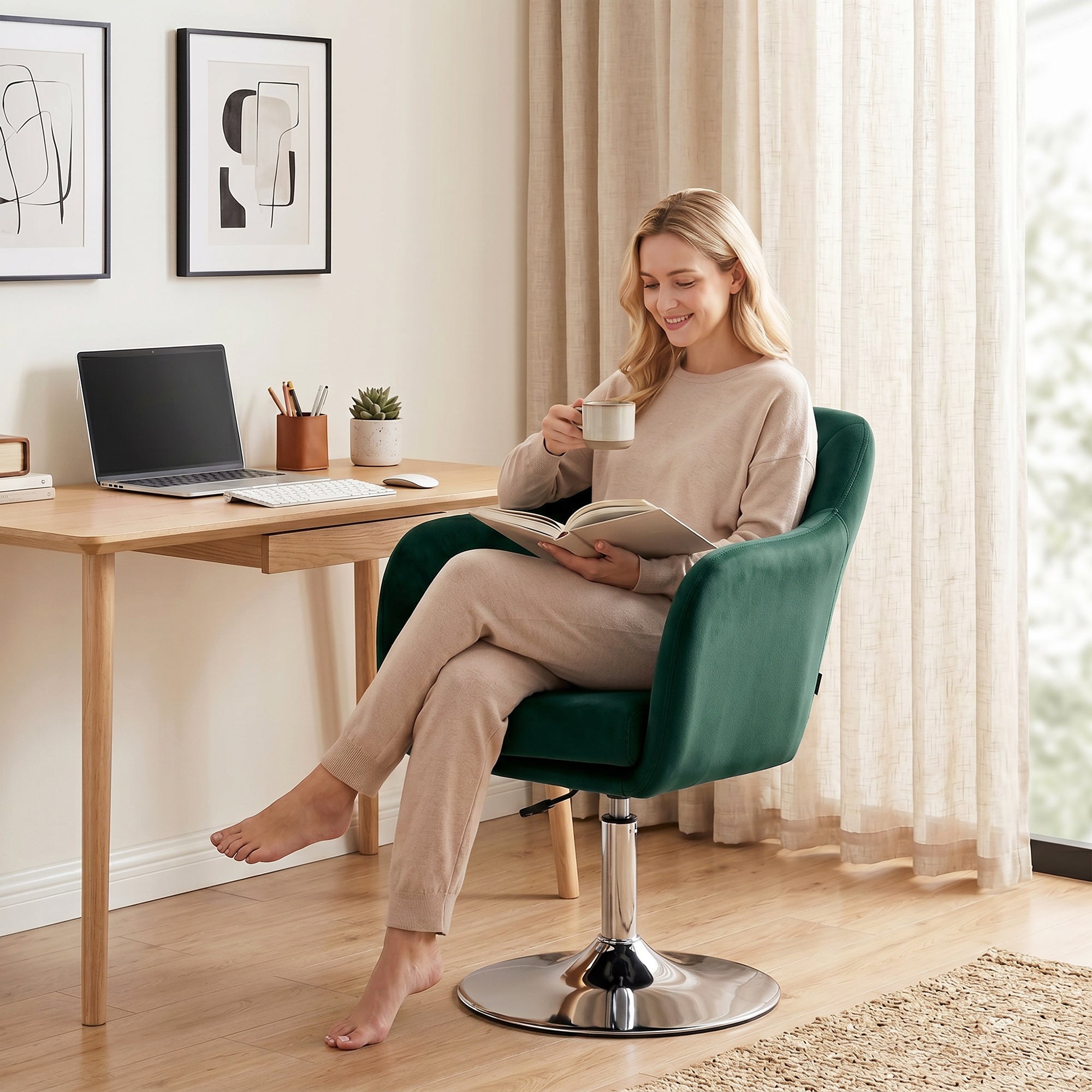 HOMCOM Retro Velvet Swivel Tub Chair with Steel Frame, Cushion Seat, Dark Green