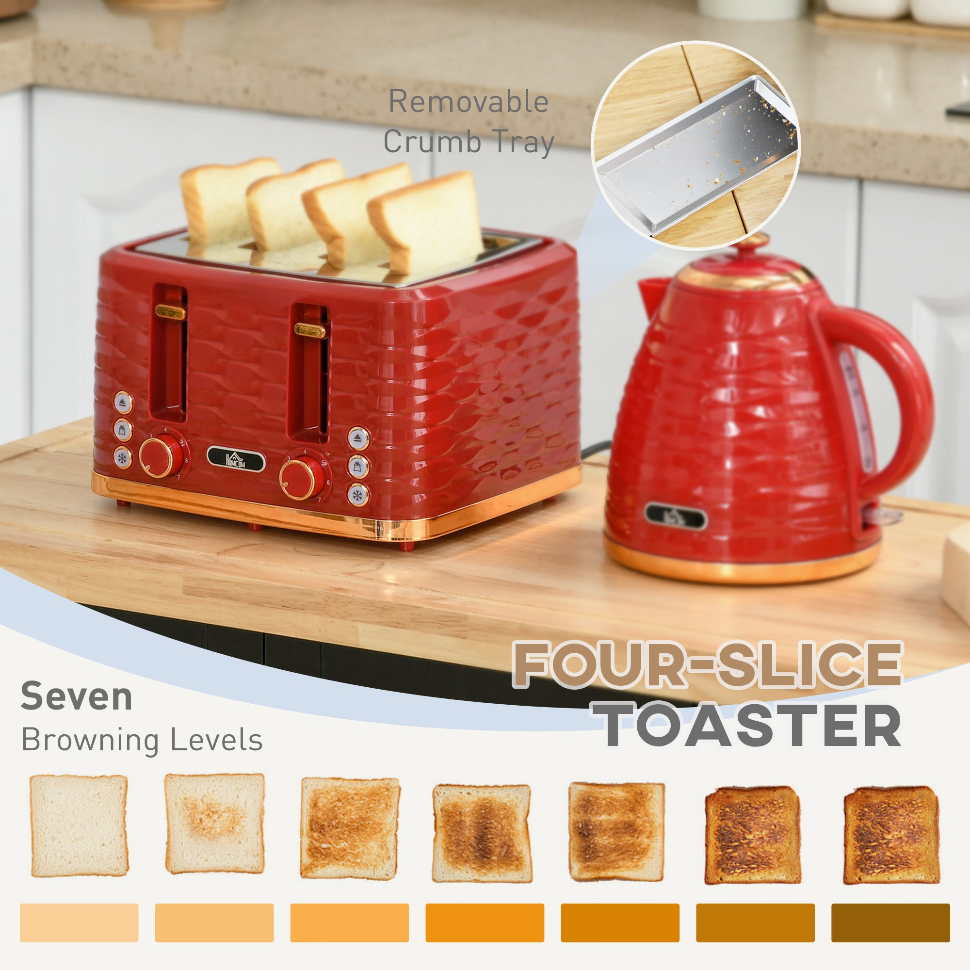 HOMCOM 3000W 1.7L Rapid Boil Kettle & 4 Slice Toaster, Kettle and Toaster Set with 7 Browning Controls and Crumb Tray, Red - North Peak Garden Furniture