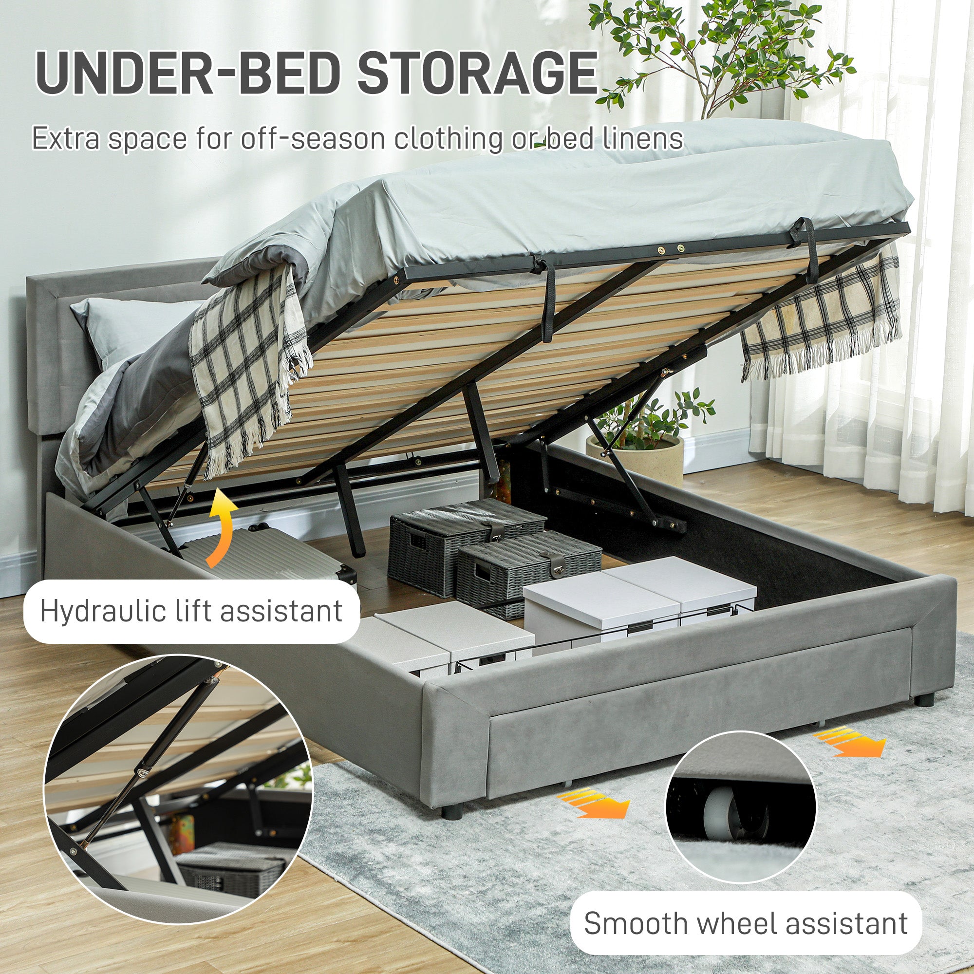 HOMCOM King Size Ottoman Bed Frame, with Front Drawer - Grey - North Peak Garden Furniture