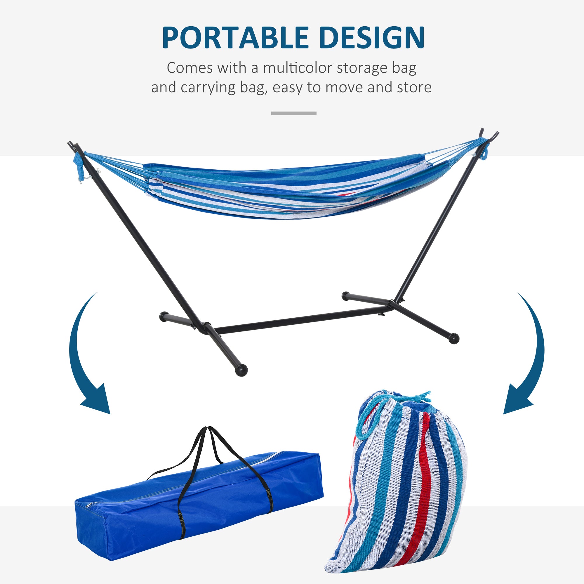 Outsunny 294 x 117cm Hammock with Stand Camping Hammock with Portable Carrying Bag, Adjustable Height, 120kg Load Capacity, White Stripe