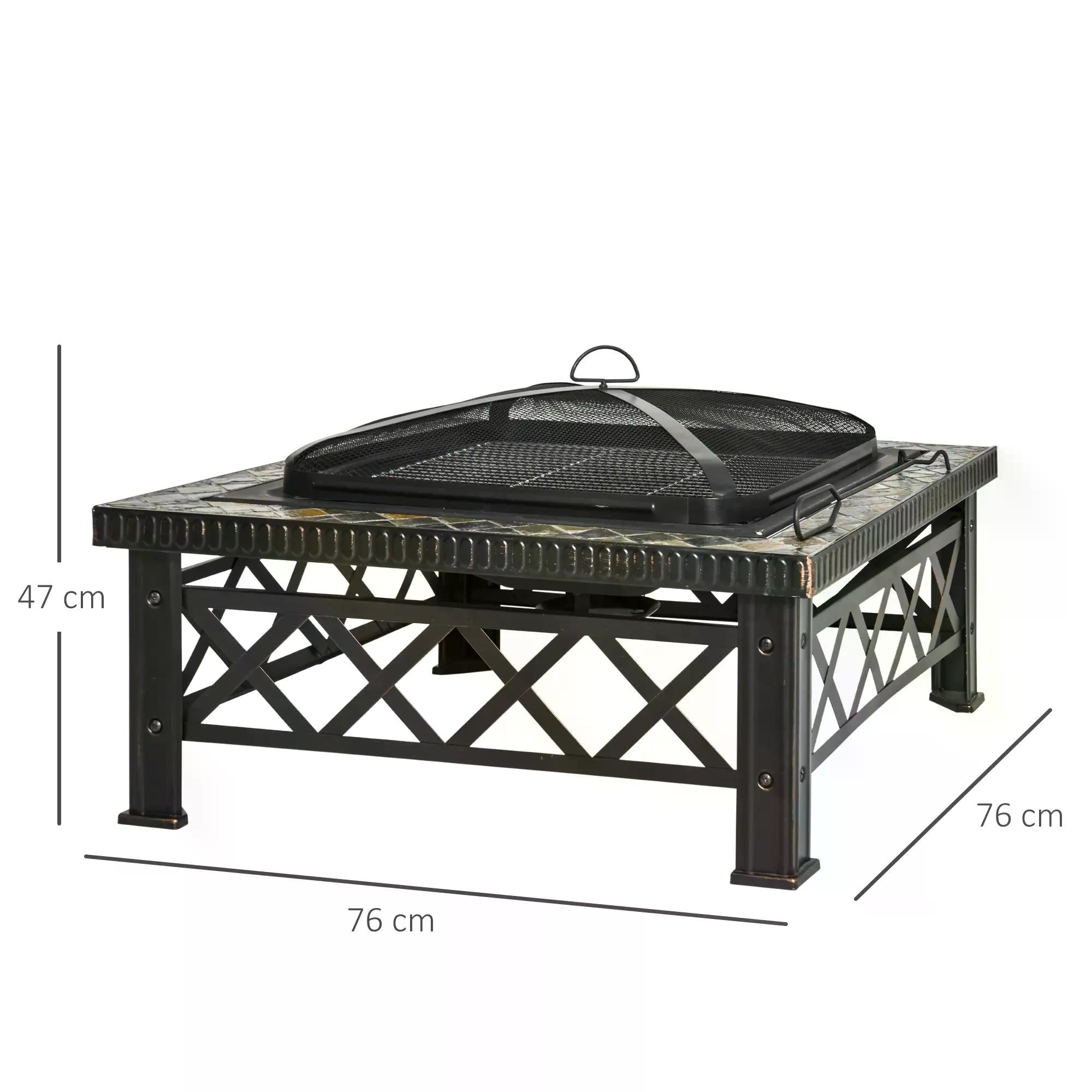 Outsunny 3 in 1 Square Fire Pit Square Table Metal Brazier for Garden, Patio with BBQ Grill Shelf, Spark Screen Cover, Grate, Poker, 76 x 76 x 47cm