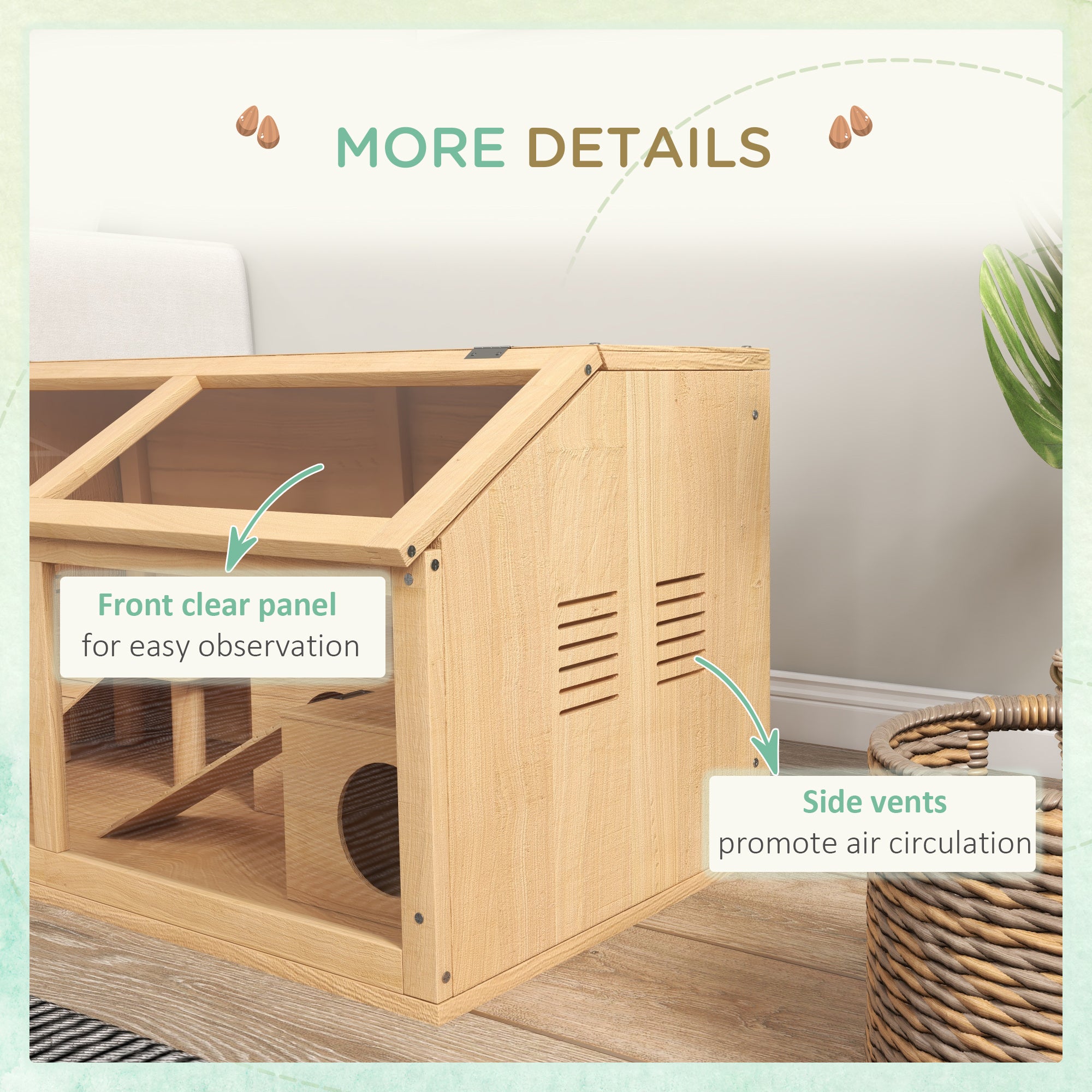 PawHut Hamster Cage, Wooden Small Animal Cage for Gerbils, Mice w/ Suspension Bridge, Openable Top, Hut, 85 x 45 x 44cm Nature - North Peak Garden Furniture