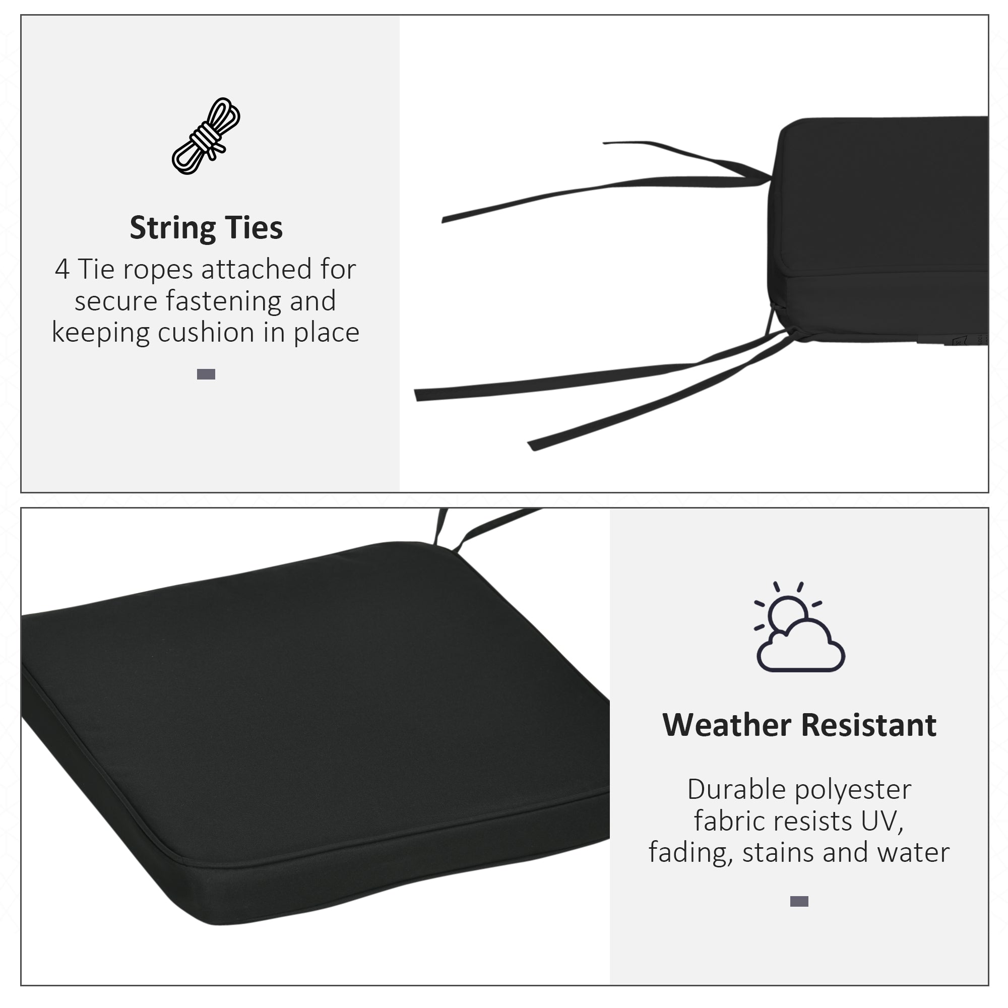 Outsunny Set of 6 Chair Cushion Seat Pads Dining Chair w/ Straps Indoor Outdoor Removable Tie On Garden Patio Black - North Peak Garden Furniture