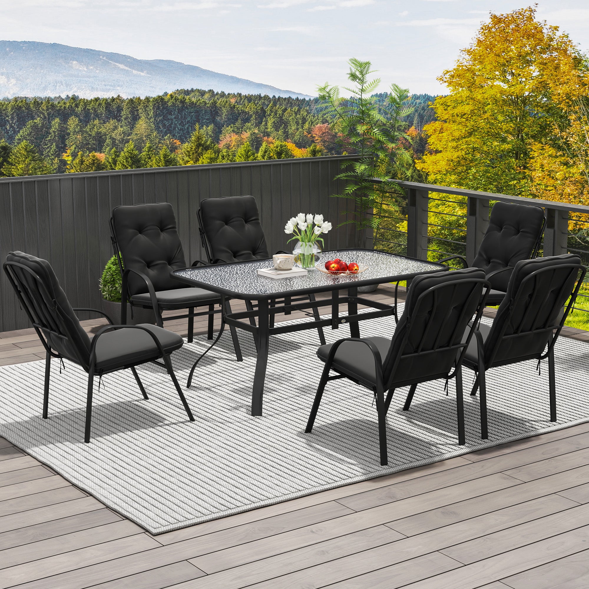Outsunny Seven-Piece Garden Dining Set with Cushions - Black - North Peak Garden Furniture