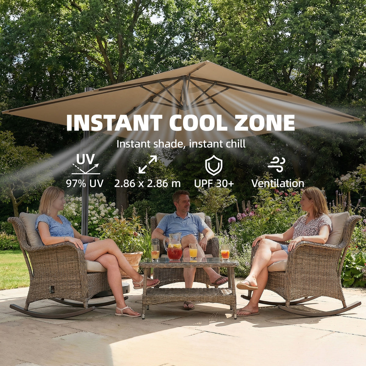 Outsunny 3 x 3 m Garden Cantilever Parasol with Light, Umbrella with Wind Protection, 360° Rotation, Khaki