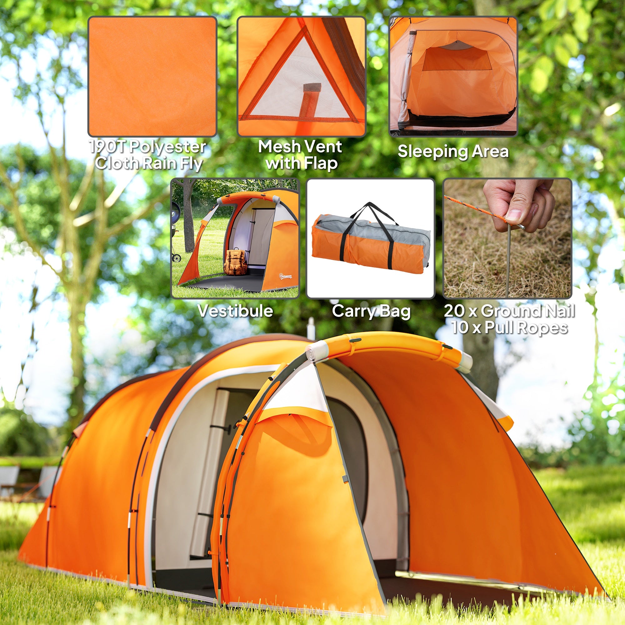 Outsunny 2-3 Man Tunnel Tents w/ Vestibule Camping Tent Porch Air Vents Weather-Resistant Shelter, Orange - North Peak Garden Furniture