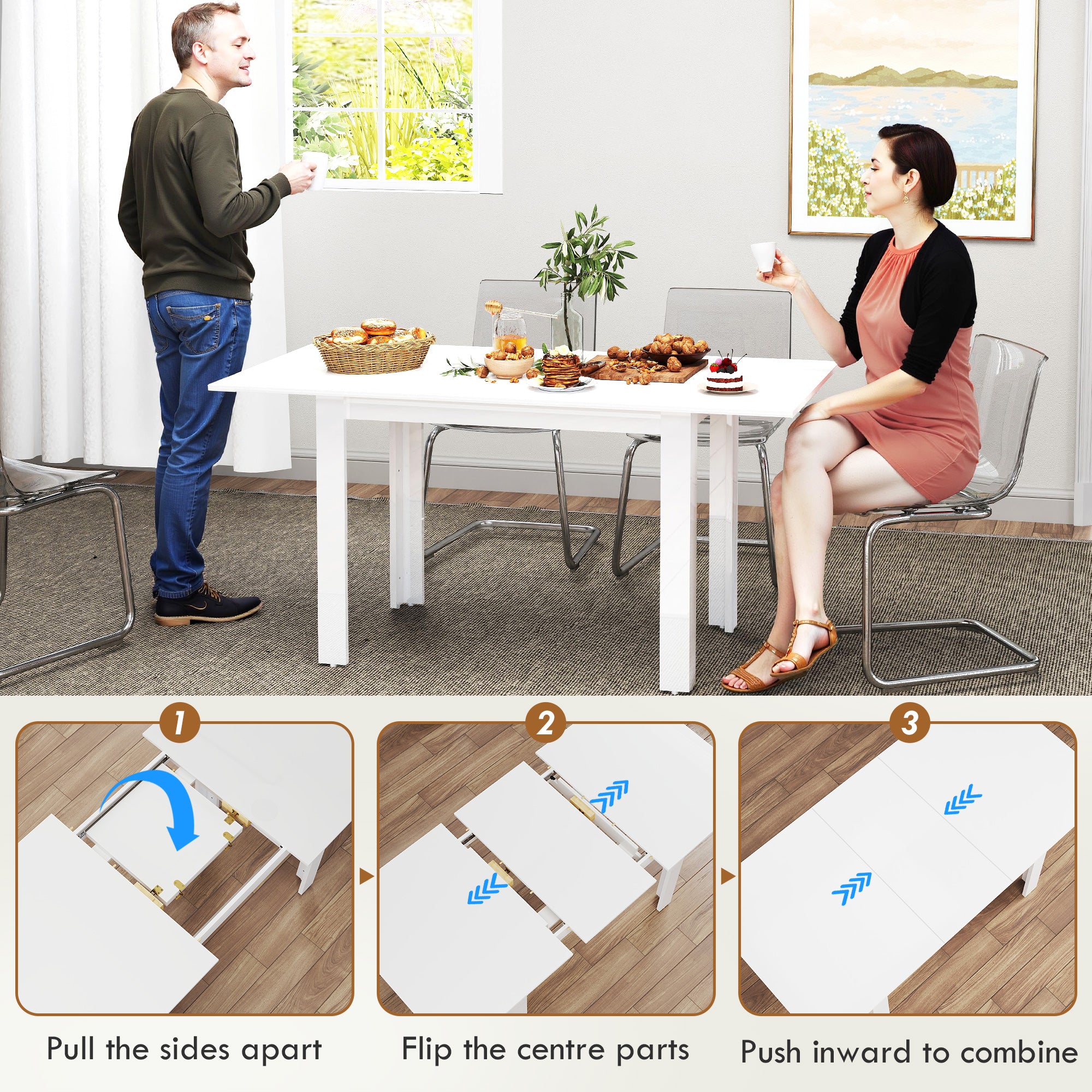HOMCOM Extendable Dining Table, 120-160 x 70cm Rectangular Kitchen Table for Small Spaces, Seats 4-6 People, High Gloss White - North Peak Garden Furniture
