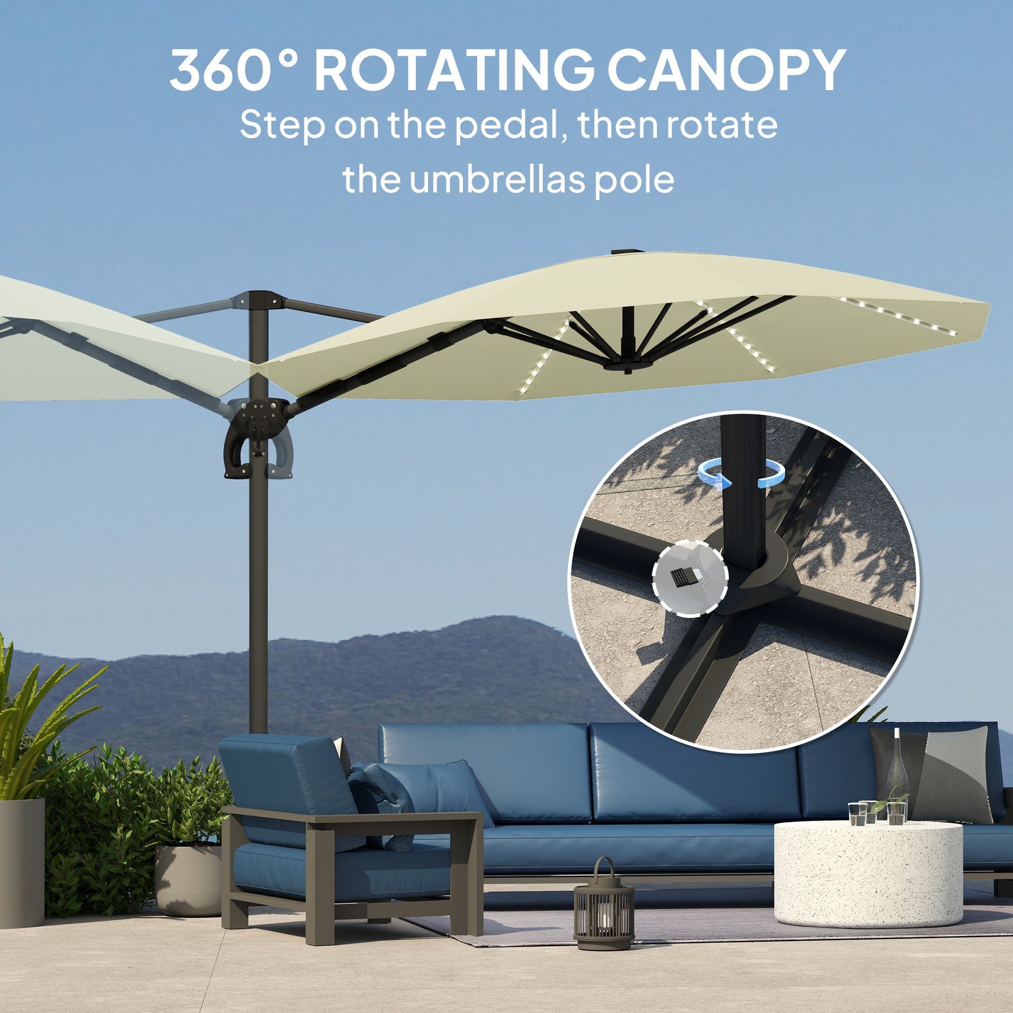 Outsunny 3(m) Cantilever Garden Parasol with Solar Powered Lights, Crank Handle & Cross Base, UPF 50+, 360° Rotation, Cream - North Peak Garden Furniture