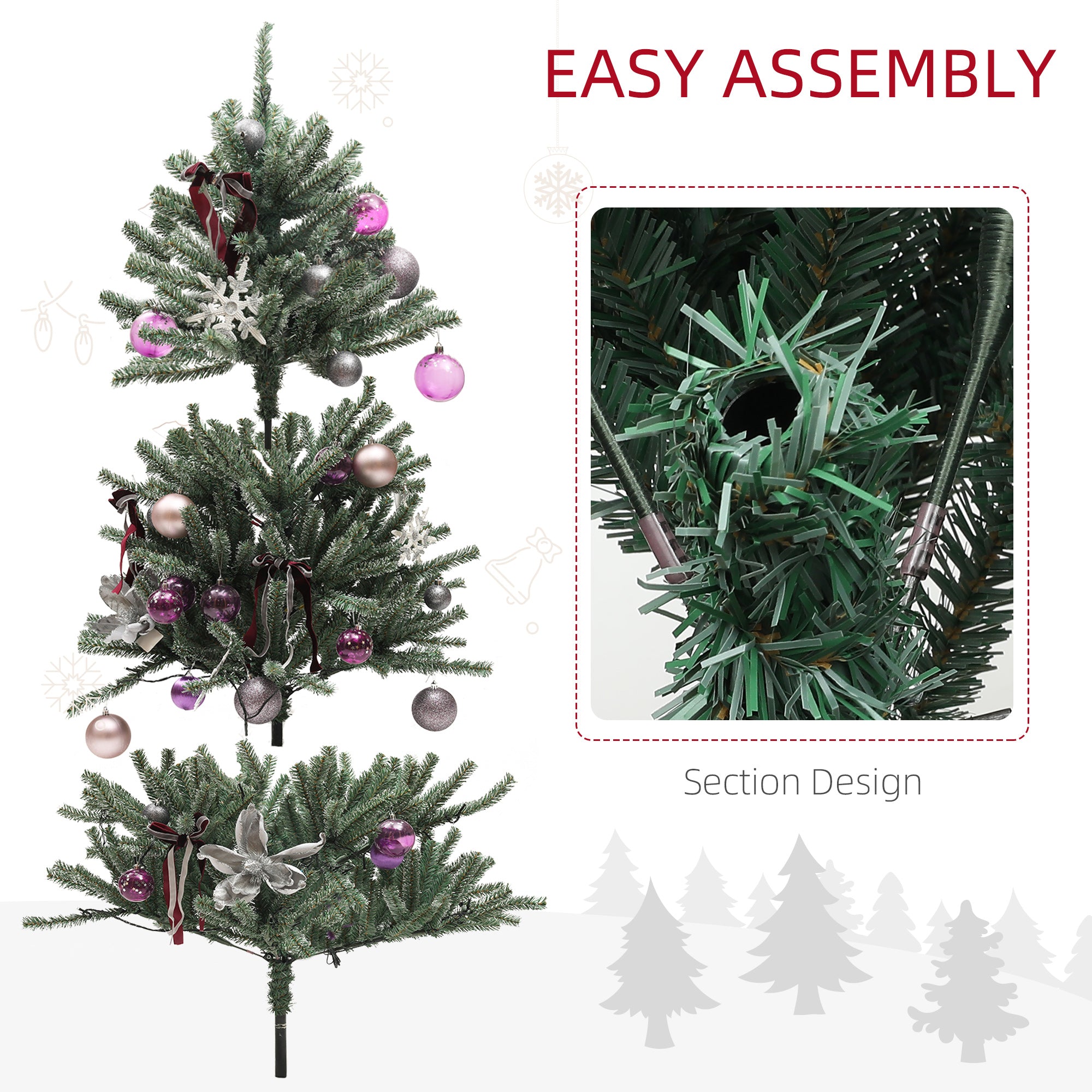 HOMCOM 5ft Artificial Christmas Tree, with Purple Decorations and Lights - North Peak Garden Furniture